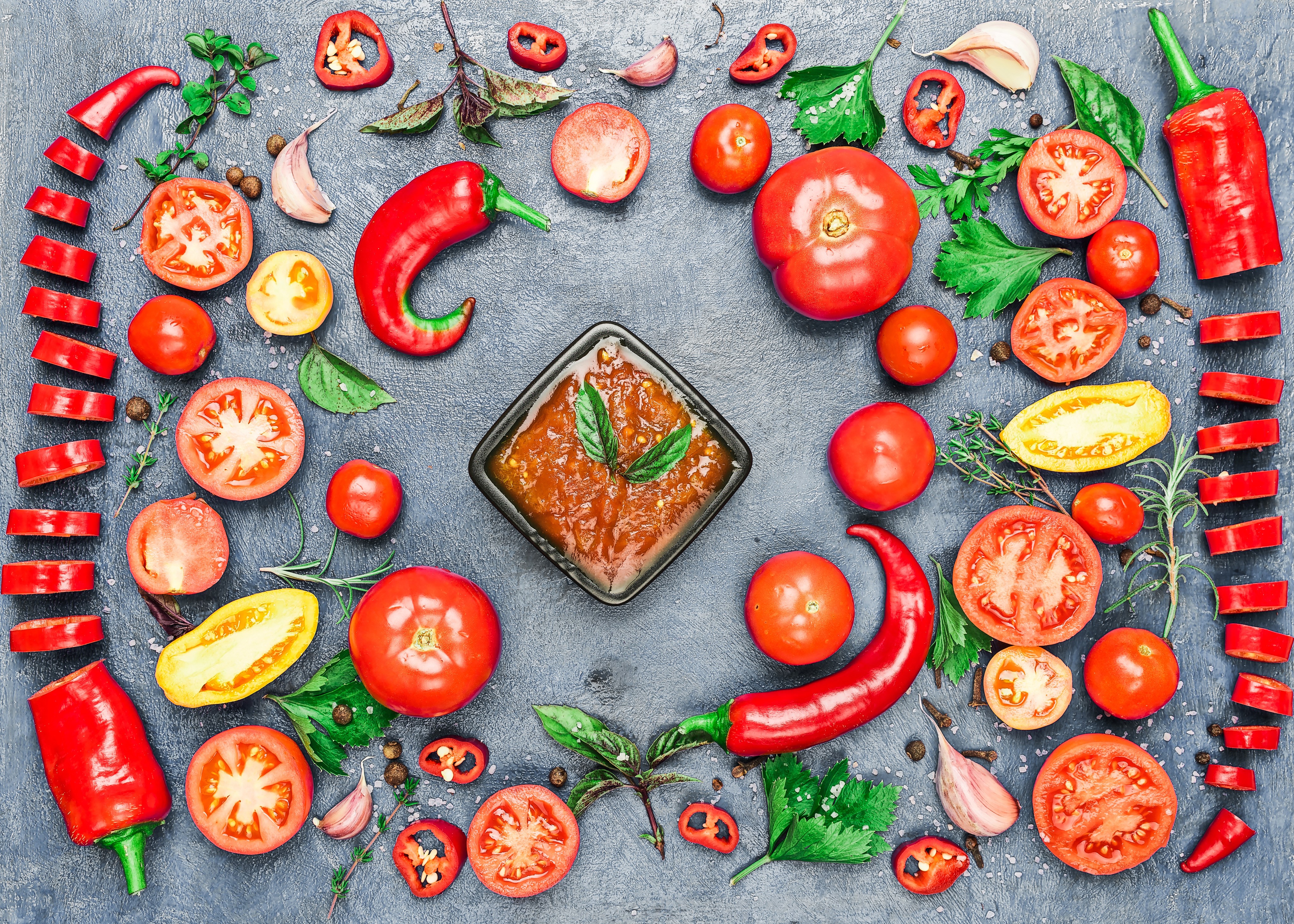 Tomatoes, Chili Peppers, and Ketchup HD Wallpaper