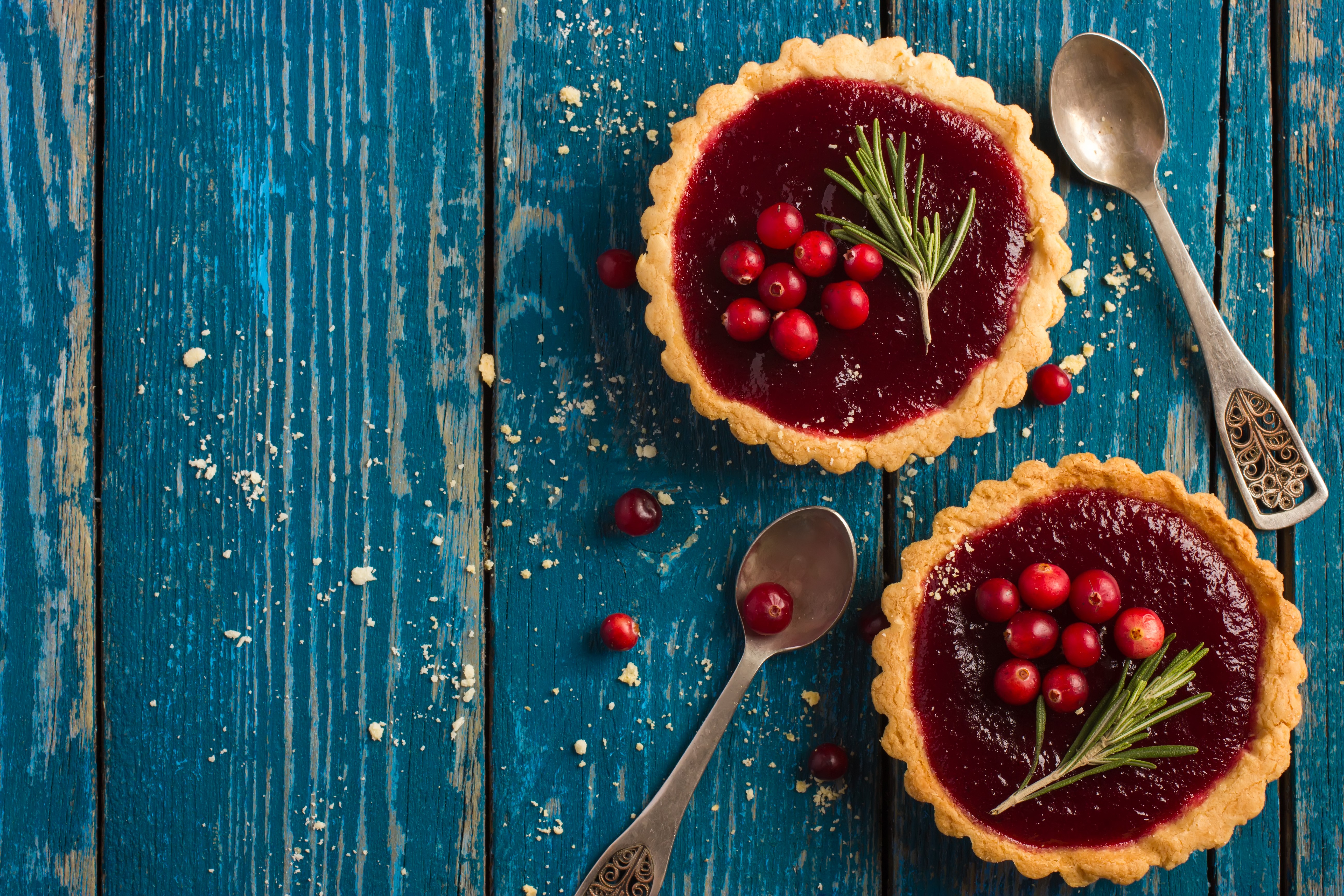 Two Cranberry Tarts with Rosemary and Berries on Blue Wood HD Wallpaper