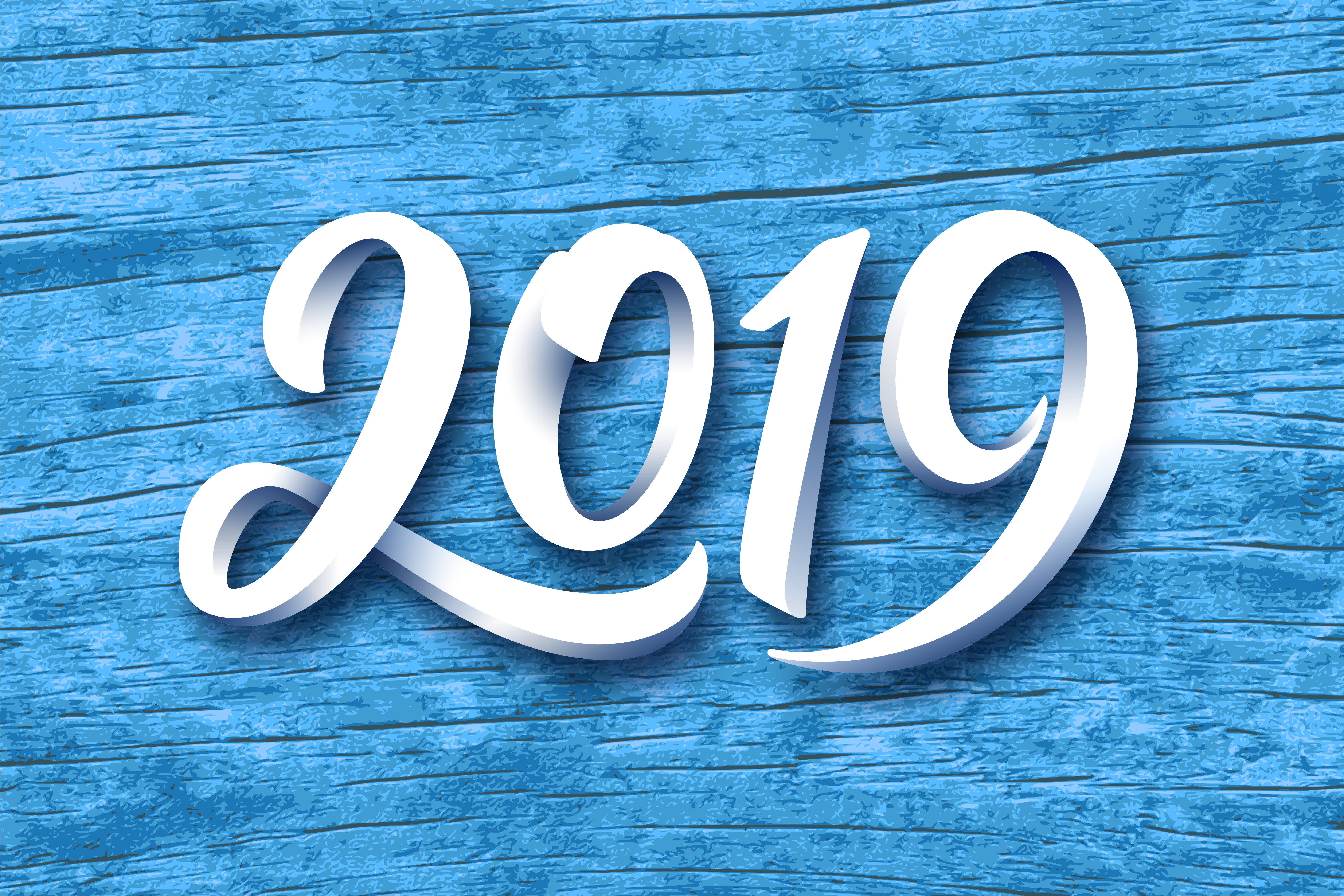 2019 white text on blue wood background HD Wallpaper