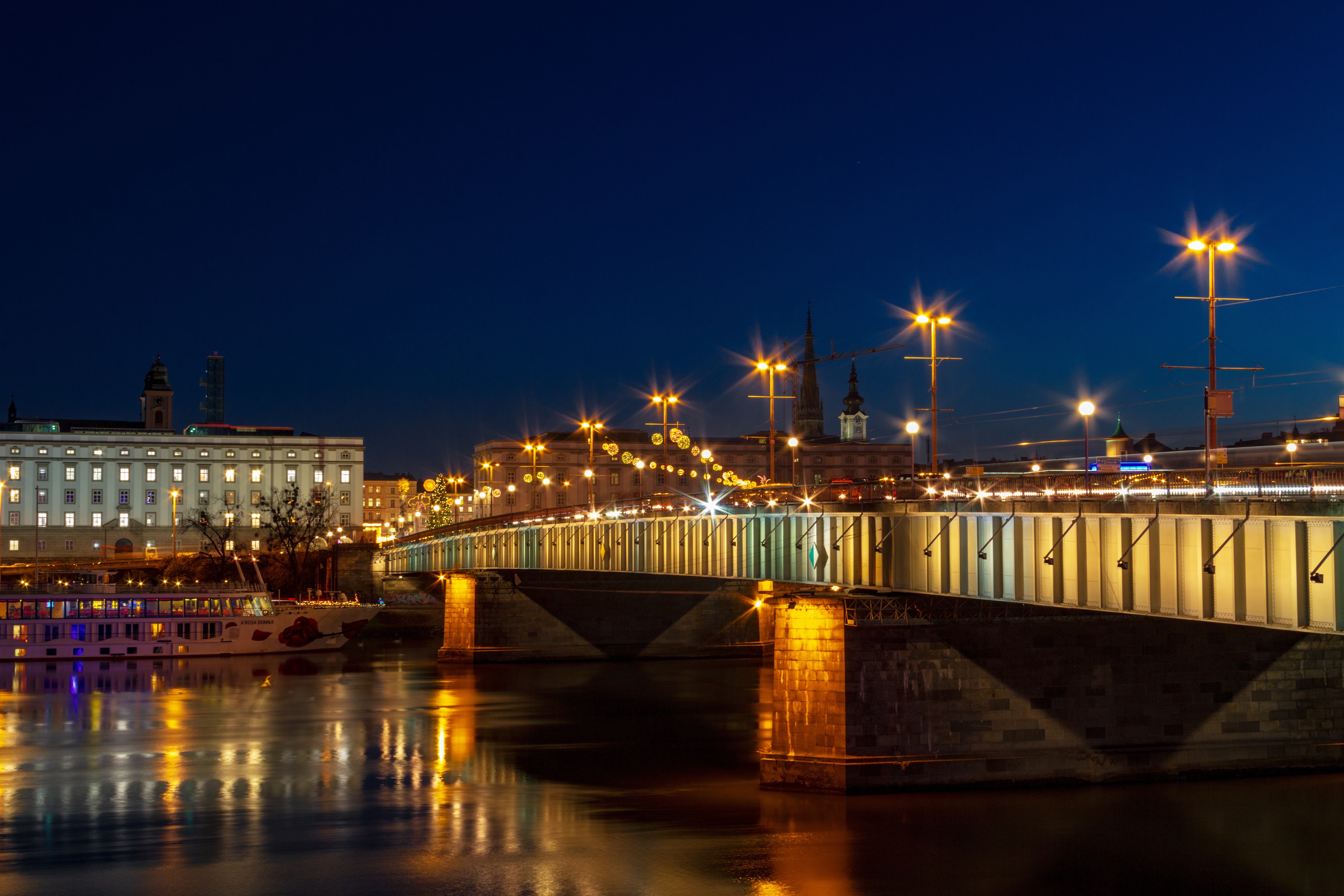 Bridge over Danube River at Night in Linz, Austria HD Wallpaper