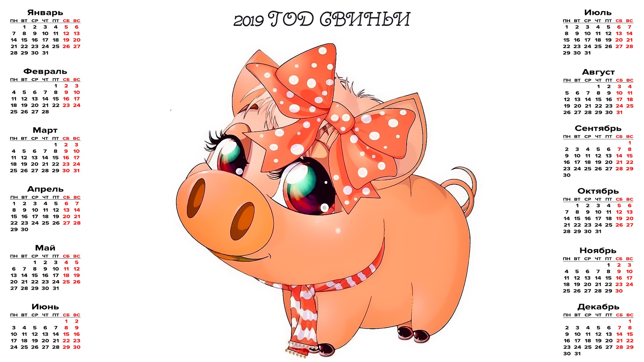 2019 Calendar with a Pig Character HD Wallpaper