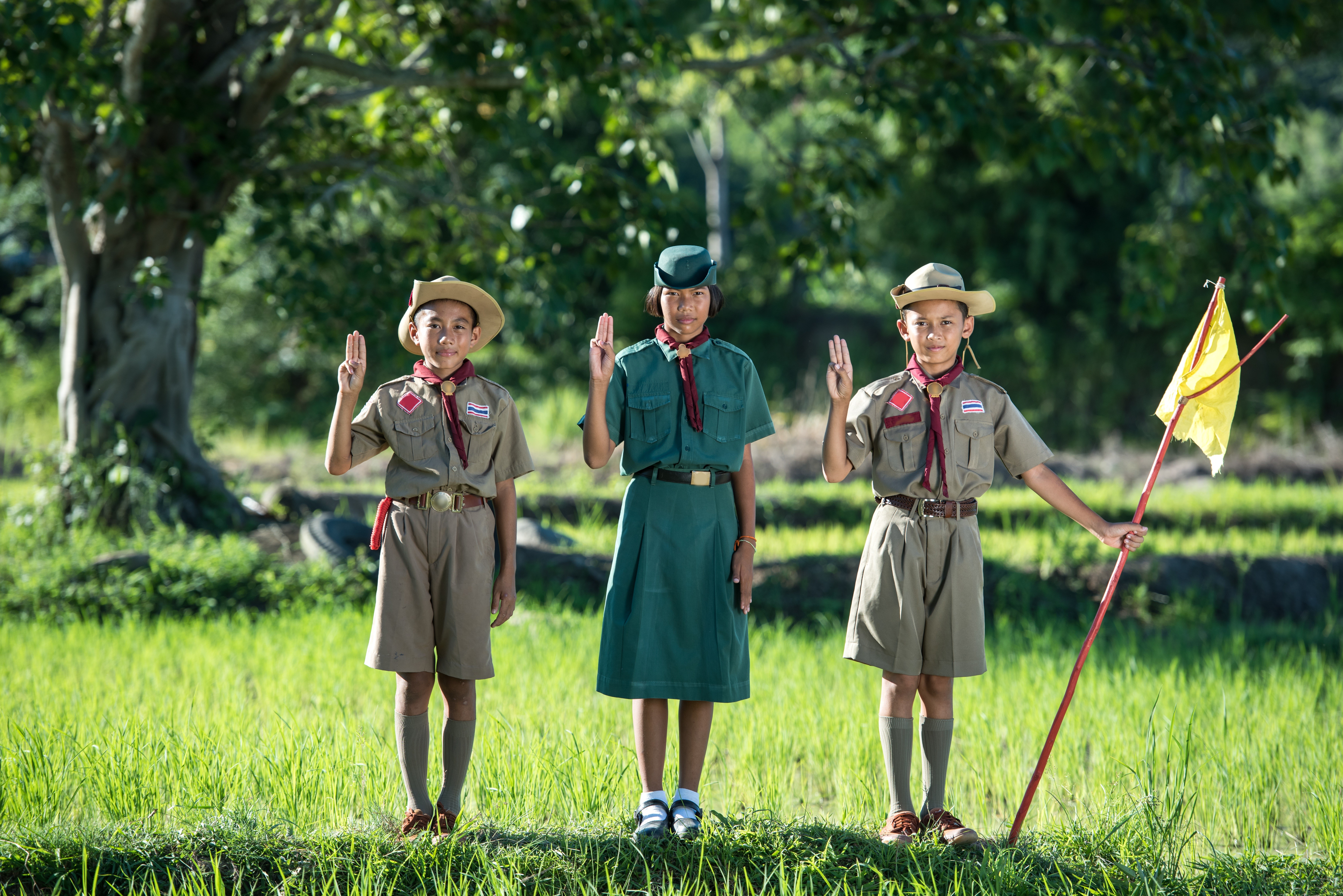Three scouts in uniform raising their hands HD Wallpaper