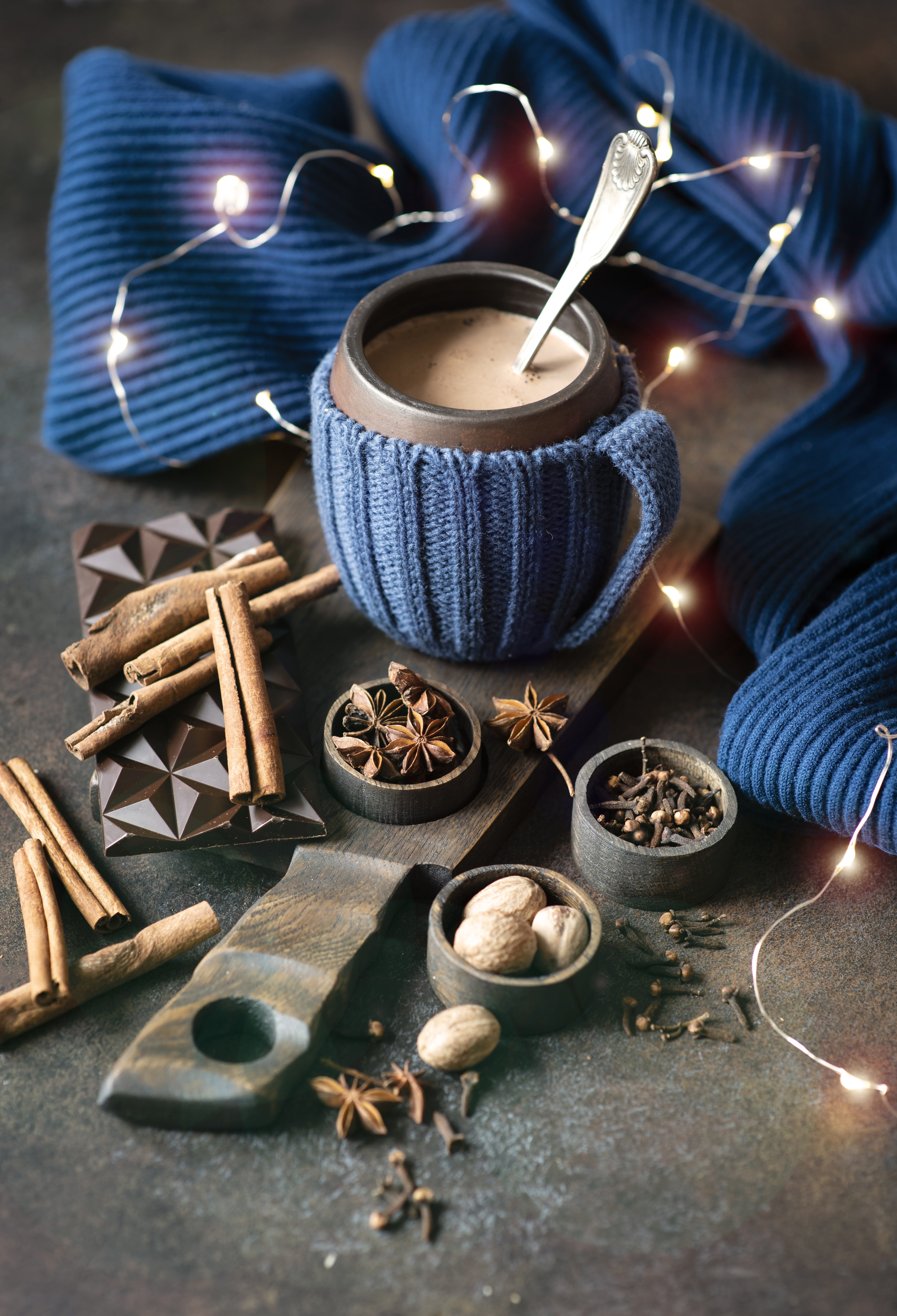 Hot chocolate with spices and chocolate bar HD Phone Wallpaper