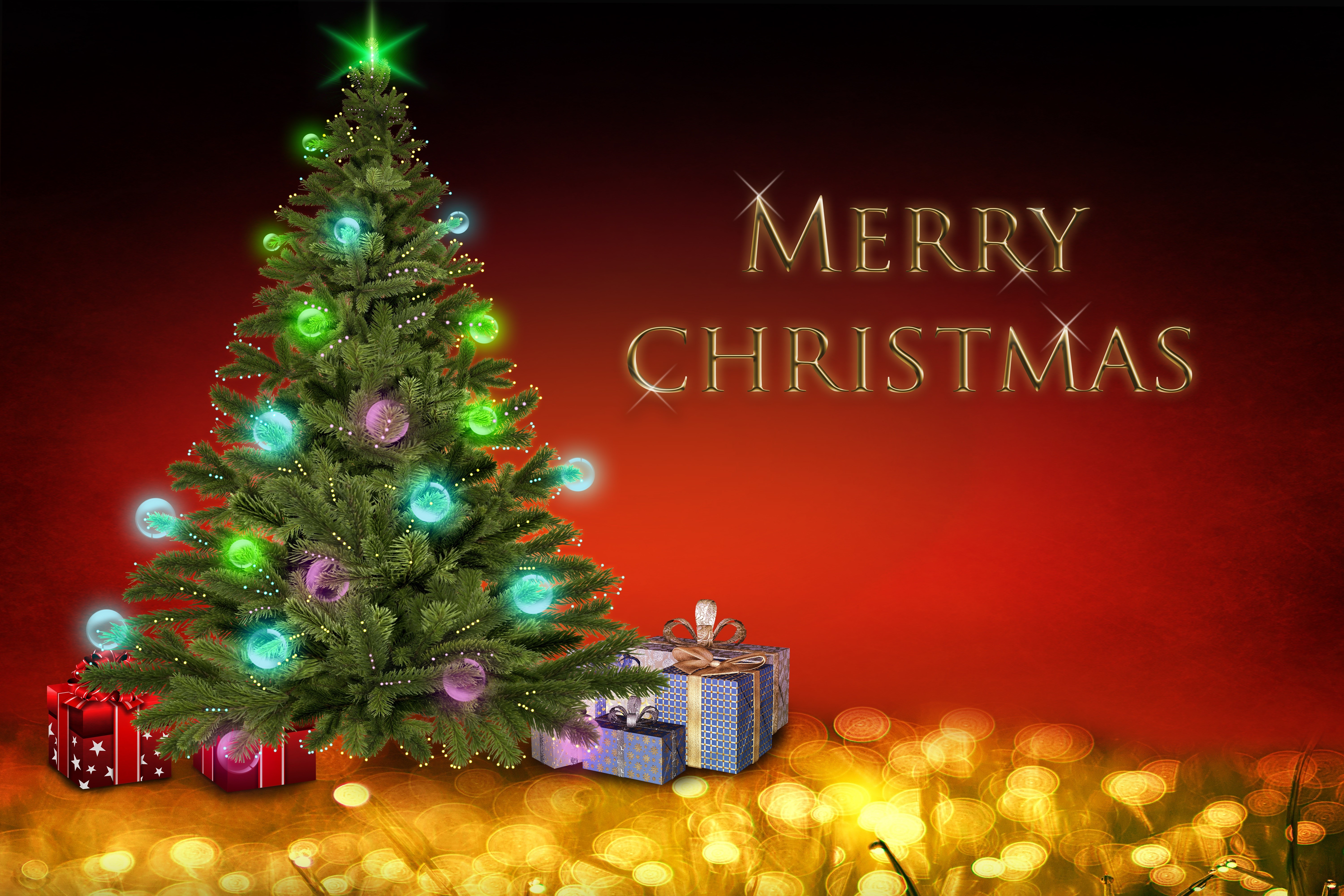 Merry Christmas Tree with Gifts HD Wallpaper