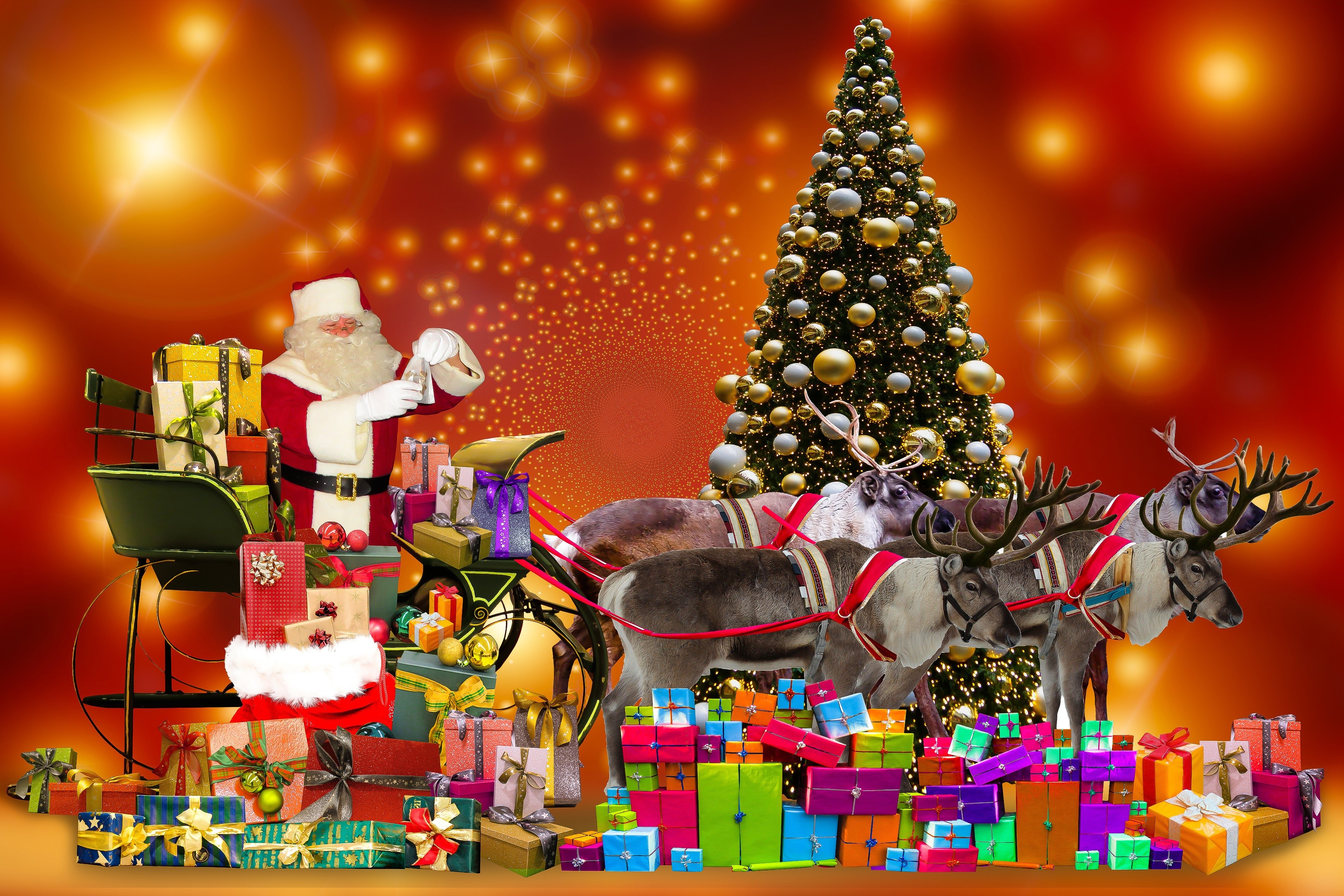 Santa Claus with Sleigh, Reindeer, Gifts, and Christmas Tree HD Wallpaper