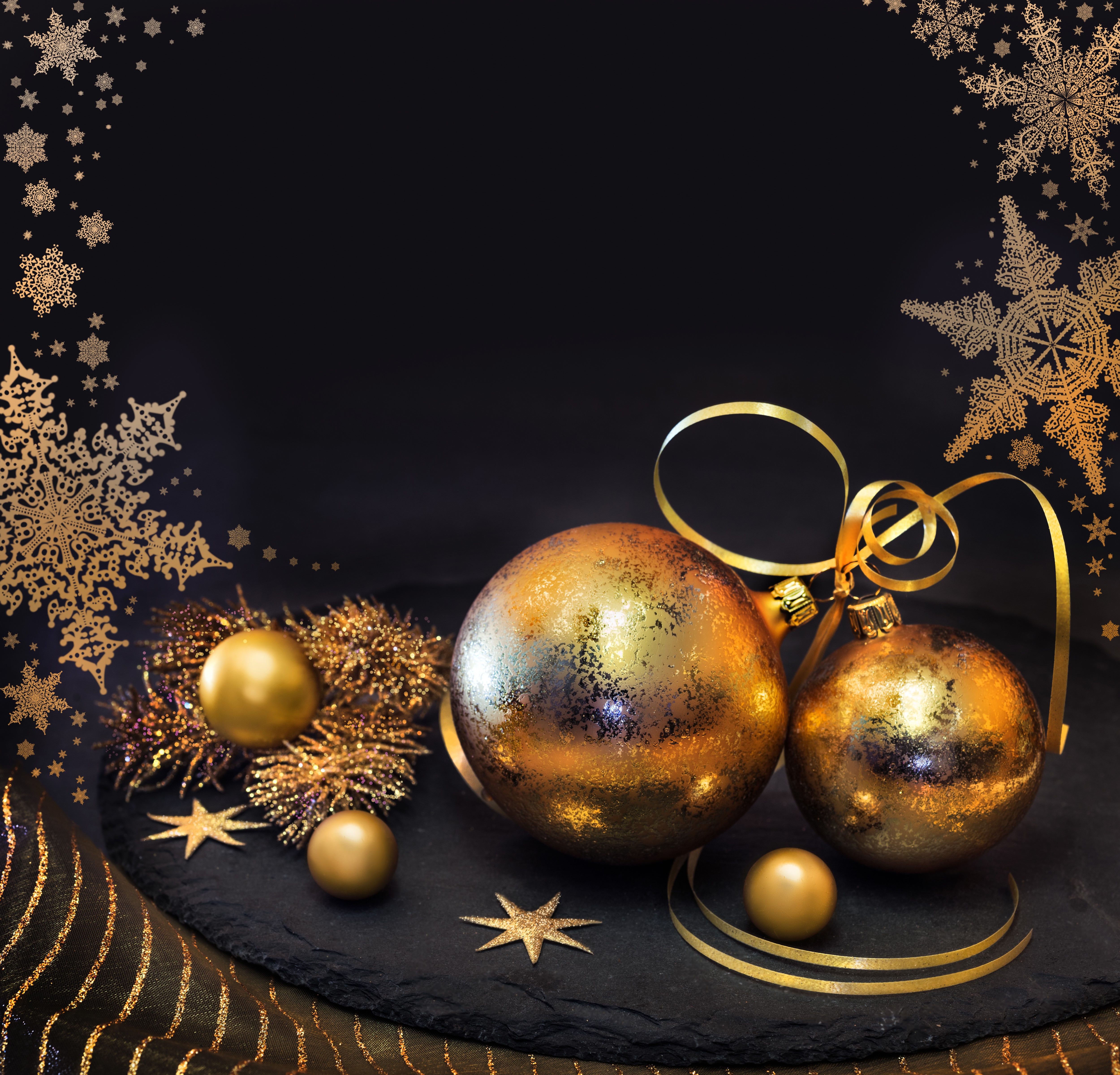 Christmas Ornaments with Snowflakes on Black Background HD Wallpaper