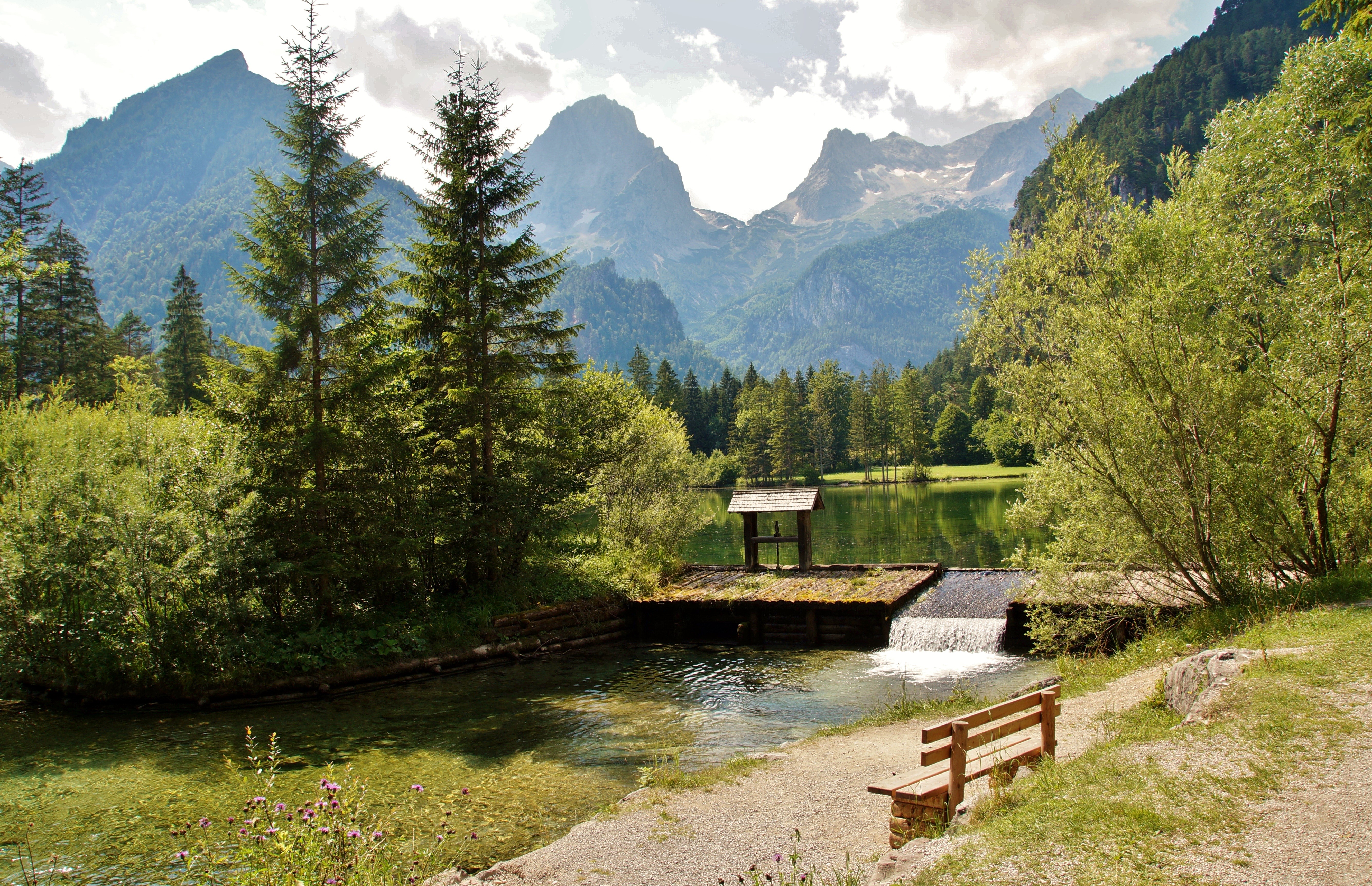 Schiederweiher Hinterstoder Austria Mountains Alps Trees Bench HD Wallpaper