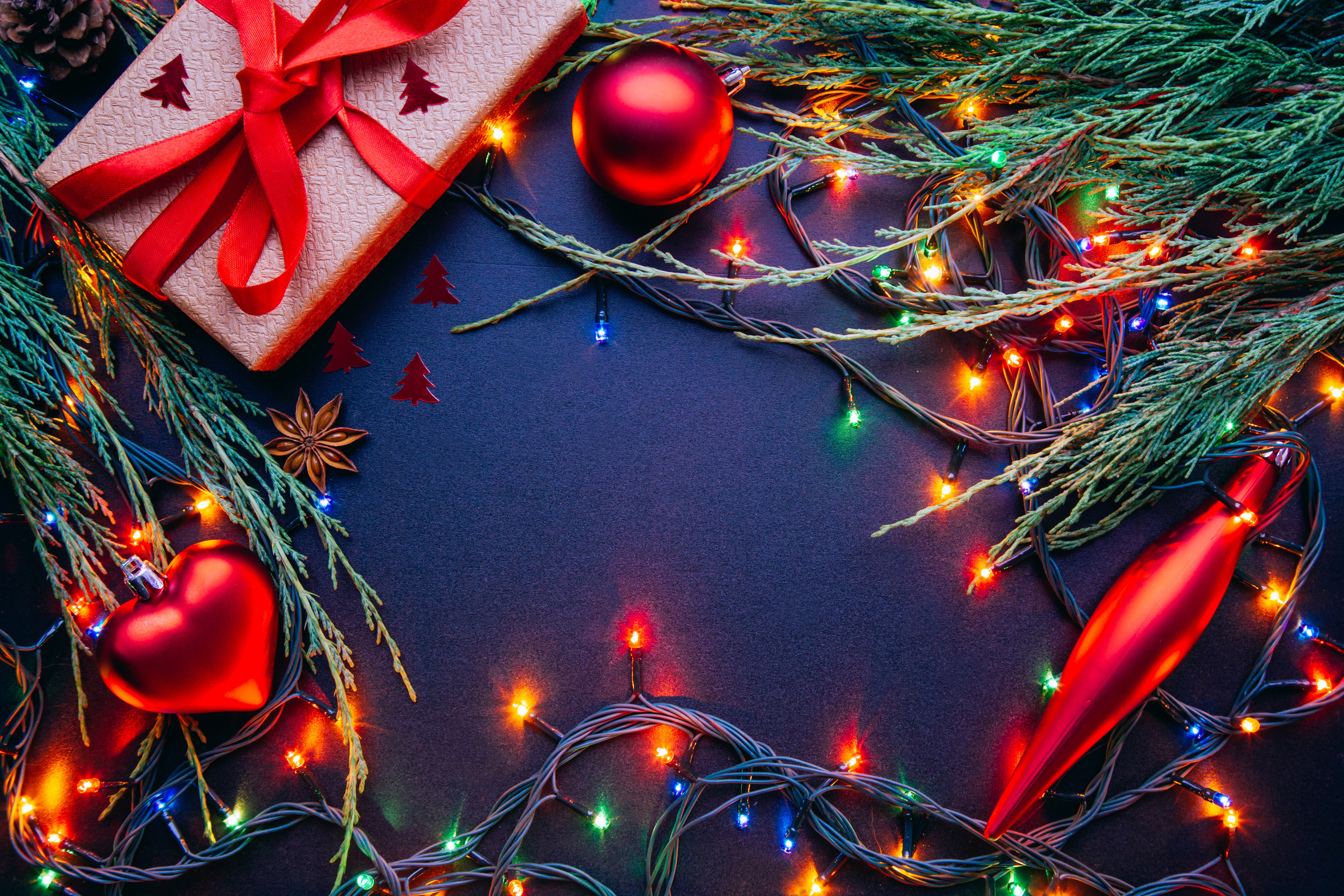 Christmas gift with ornaments and fairy lights HD Wallpaper