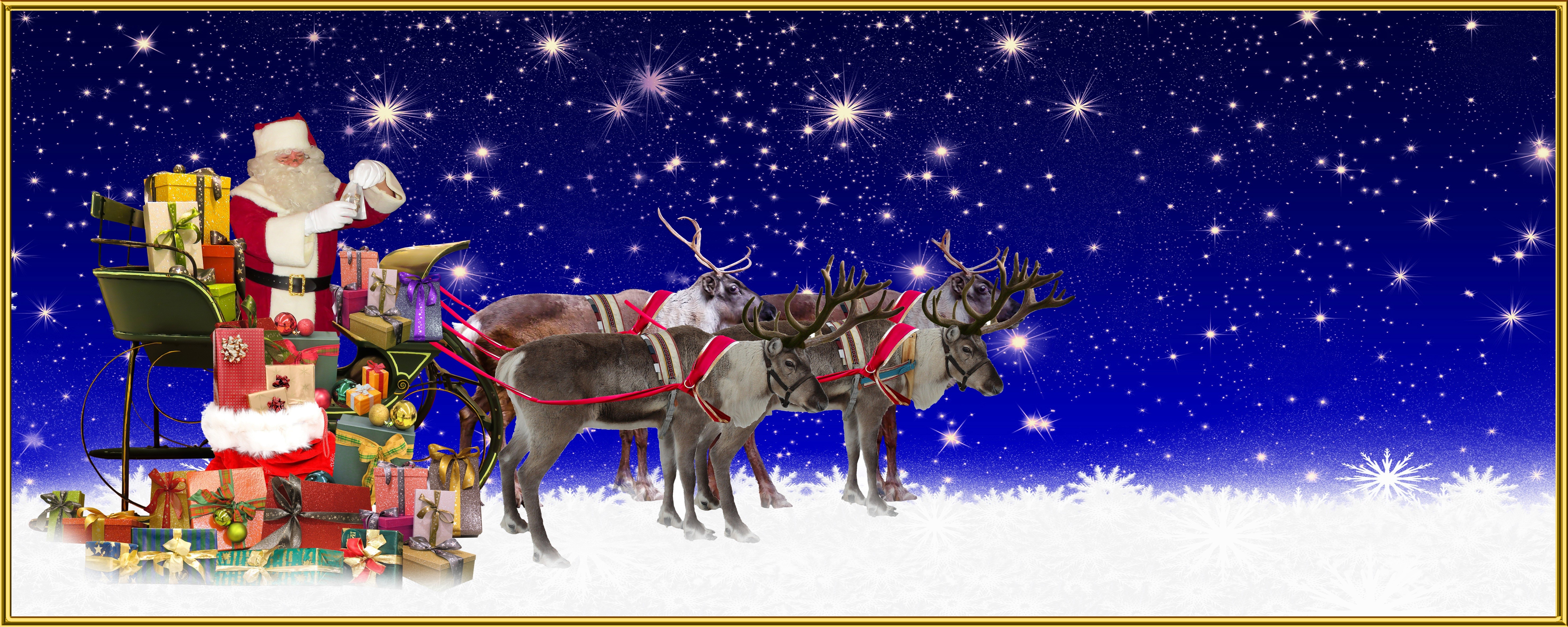 Santa Claus in a Sleigh with Reindeer and Gifts HD Wallpaper