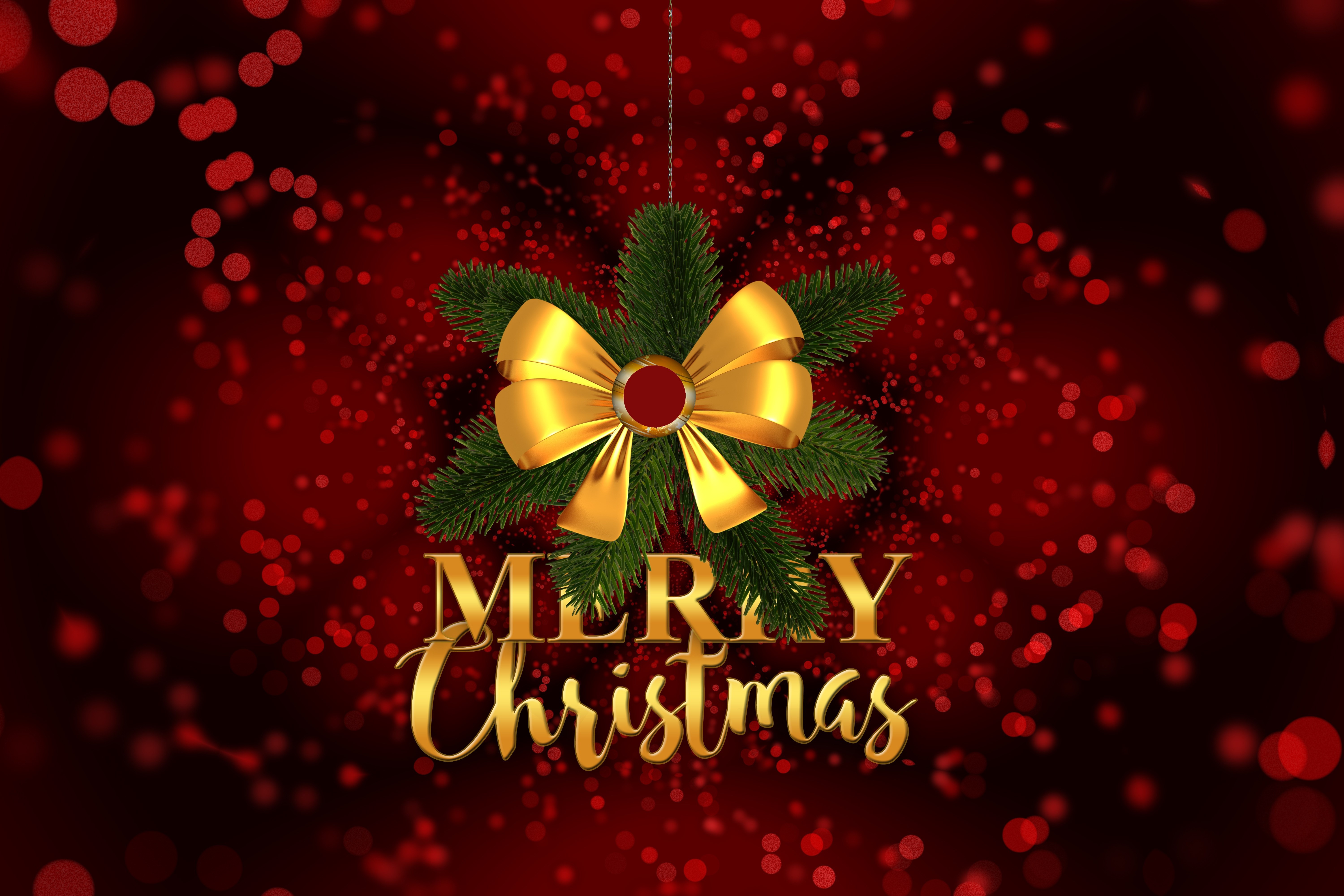 Merry Christmas golden text with pine branch and bow HD Wallpaper