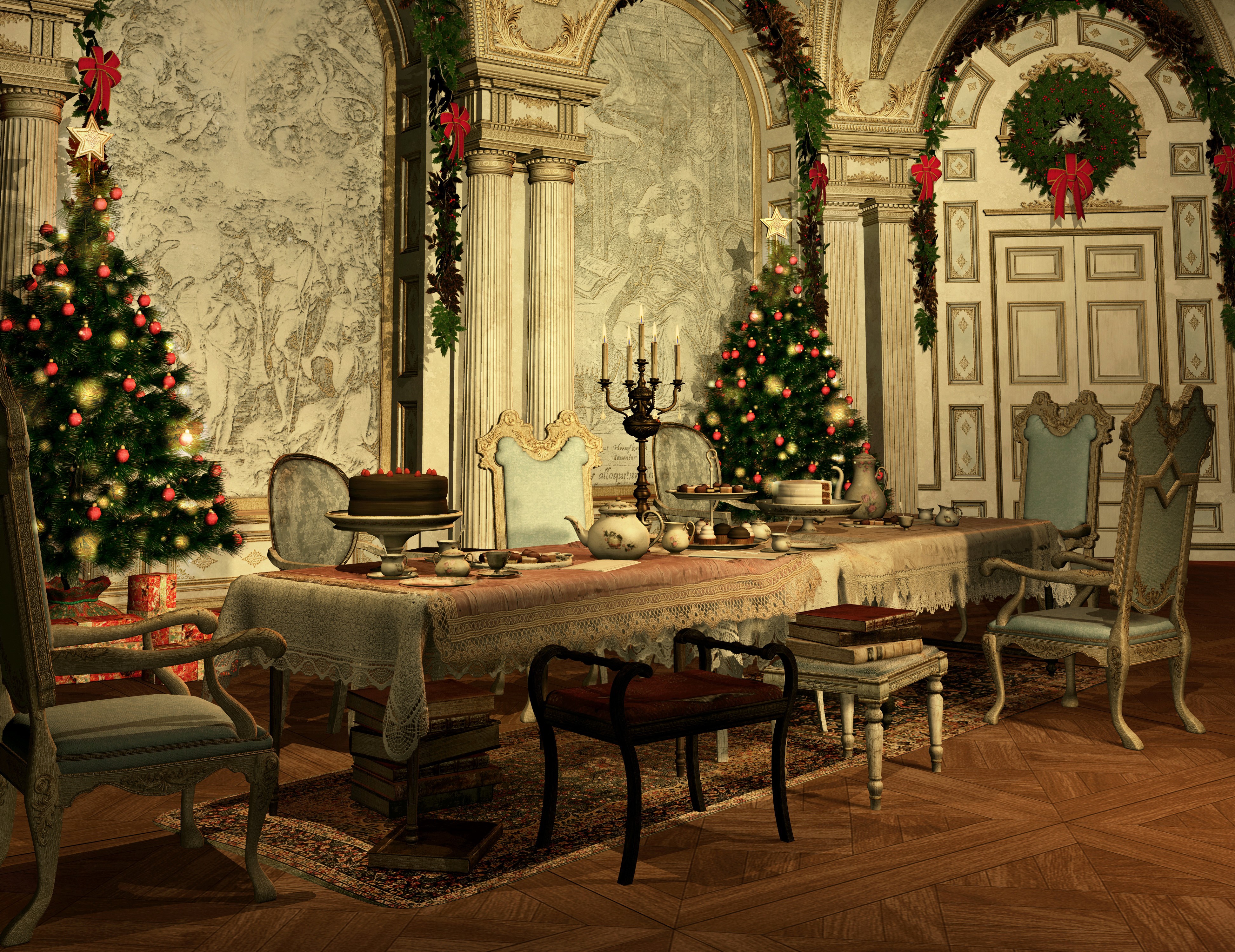 Christmas Interior with Decorated Trees and Dining Table HD Wallpaper