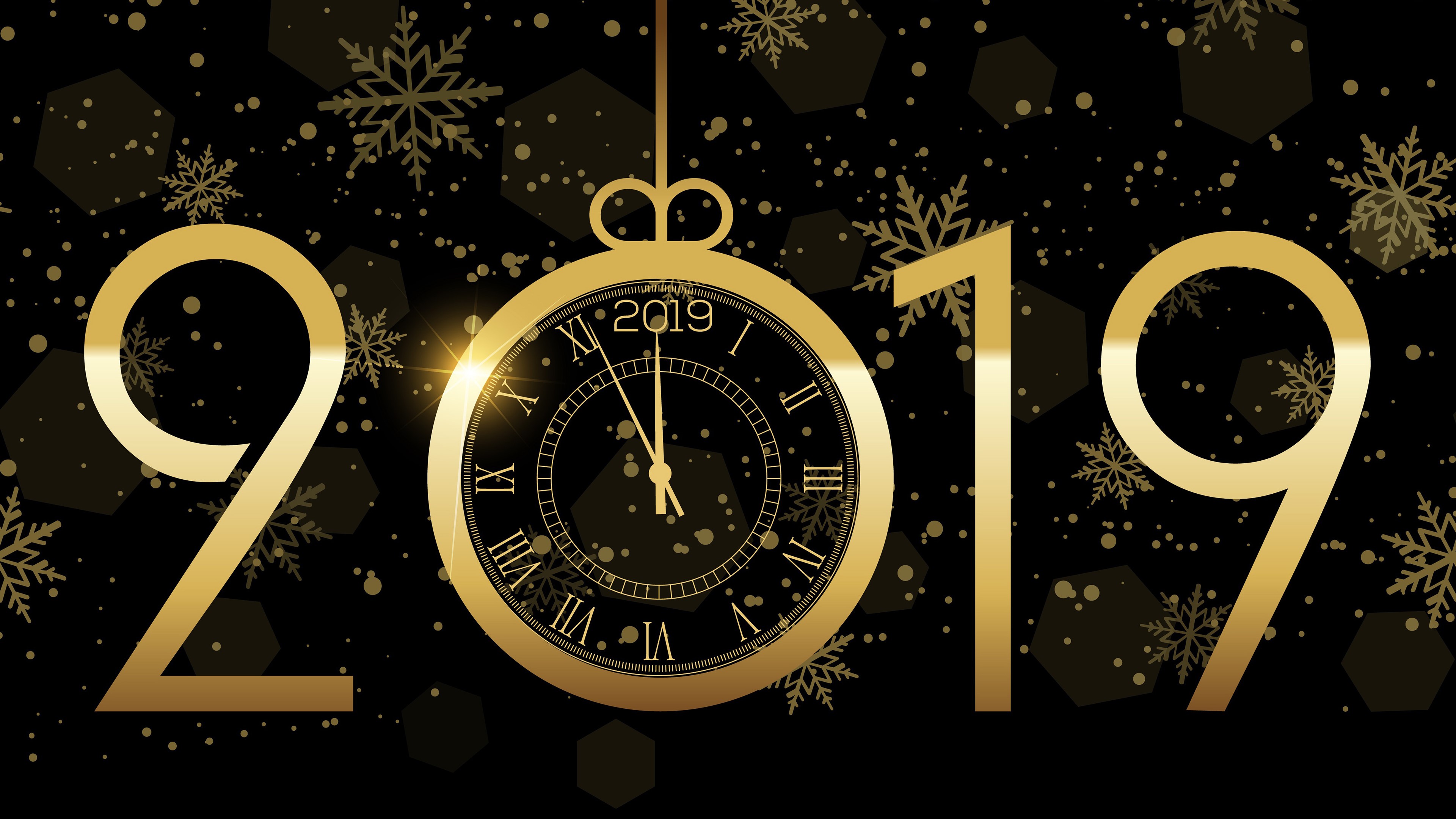 2019 New Year's Eve Clock with Snowflakes HD Wallpaper