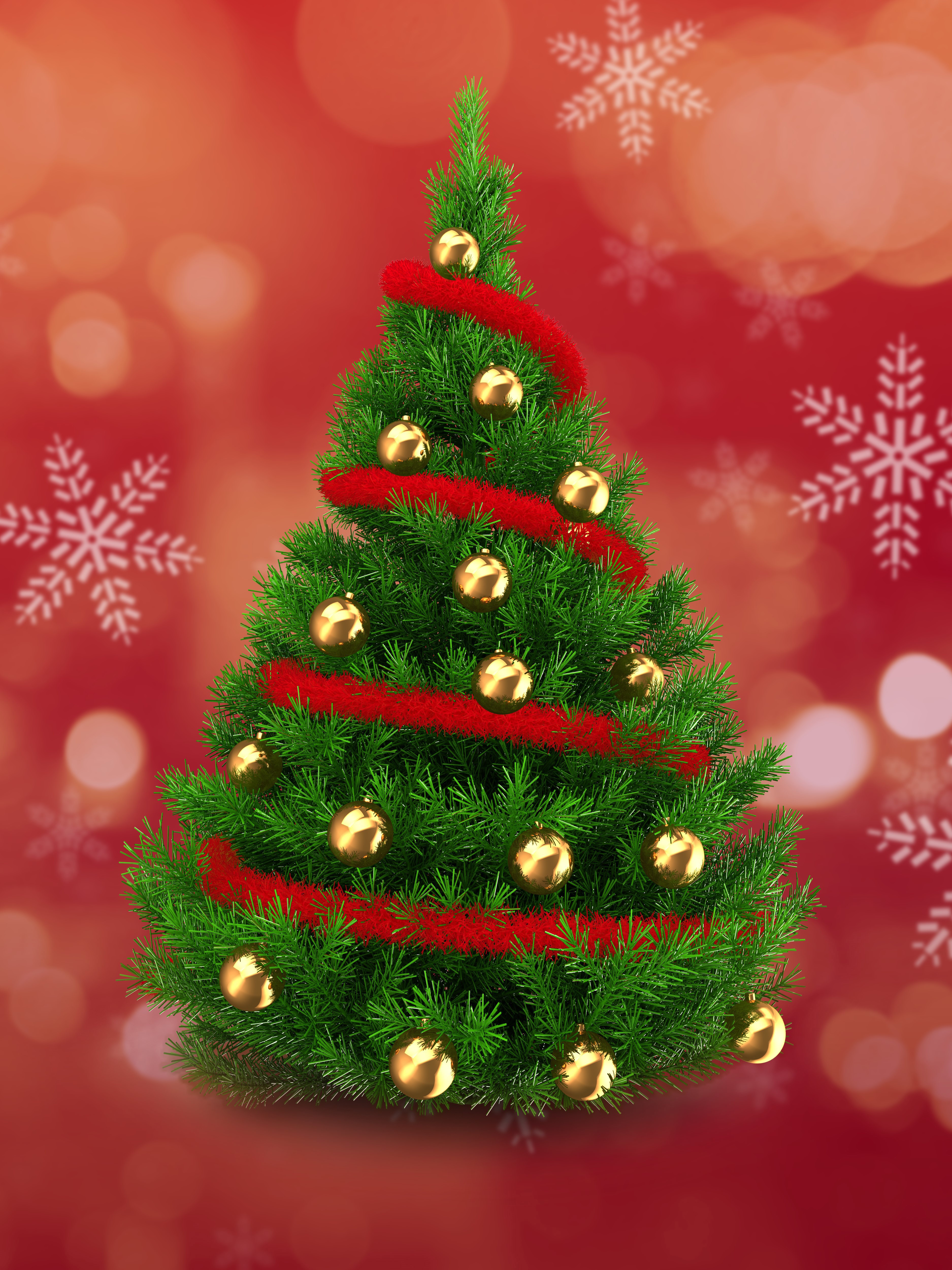 Decorated Christmas tree with golden balls and red tinsel HD Phone Wallpaper