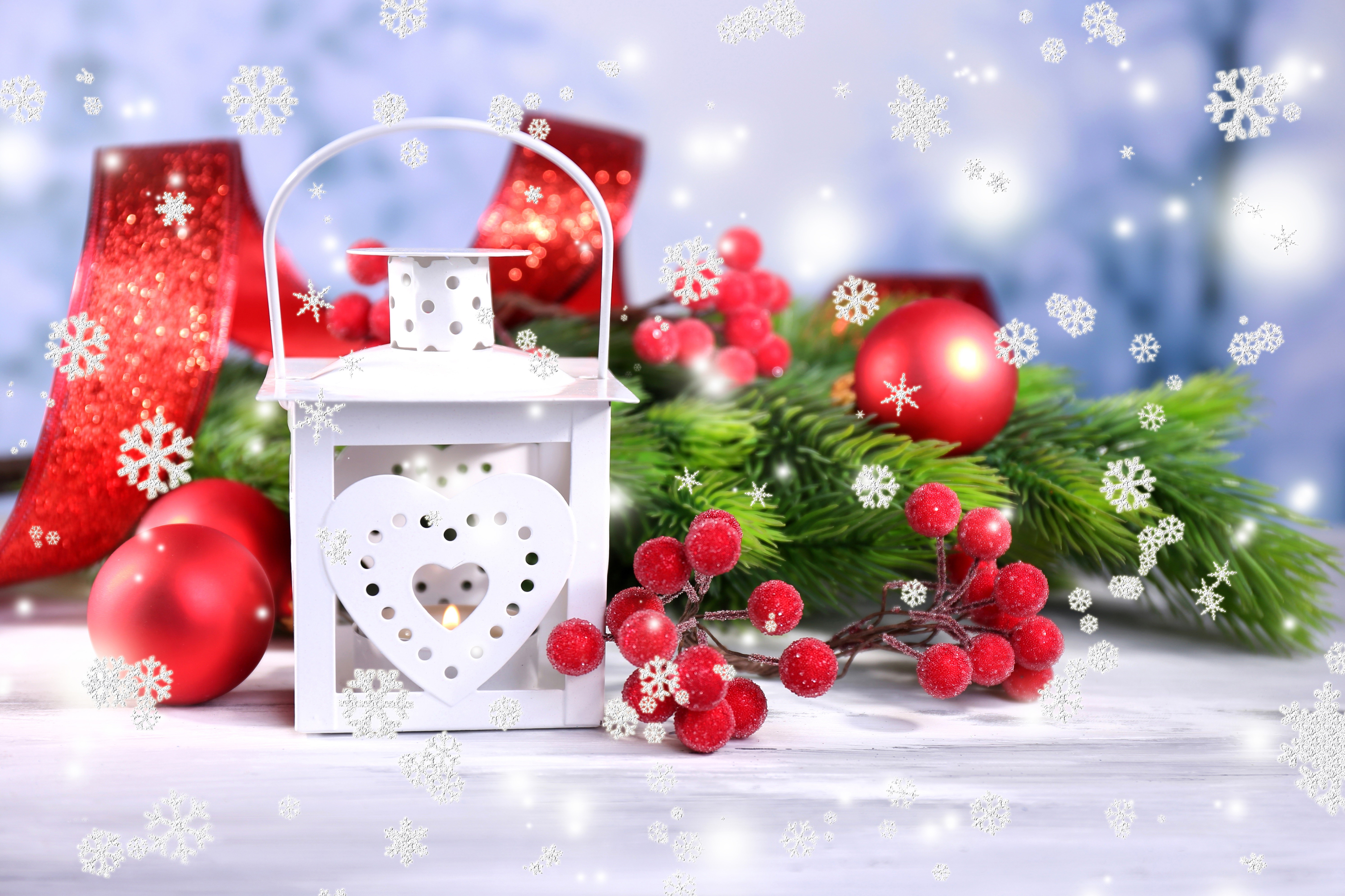 Christmas lantern with red ornaments and pine branches HD Wallpaper