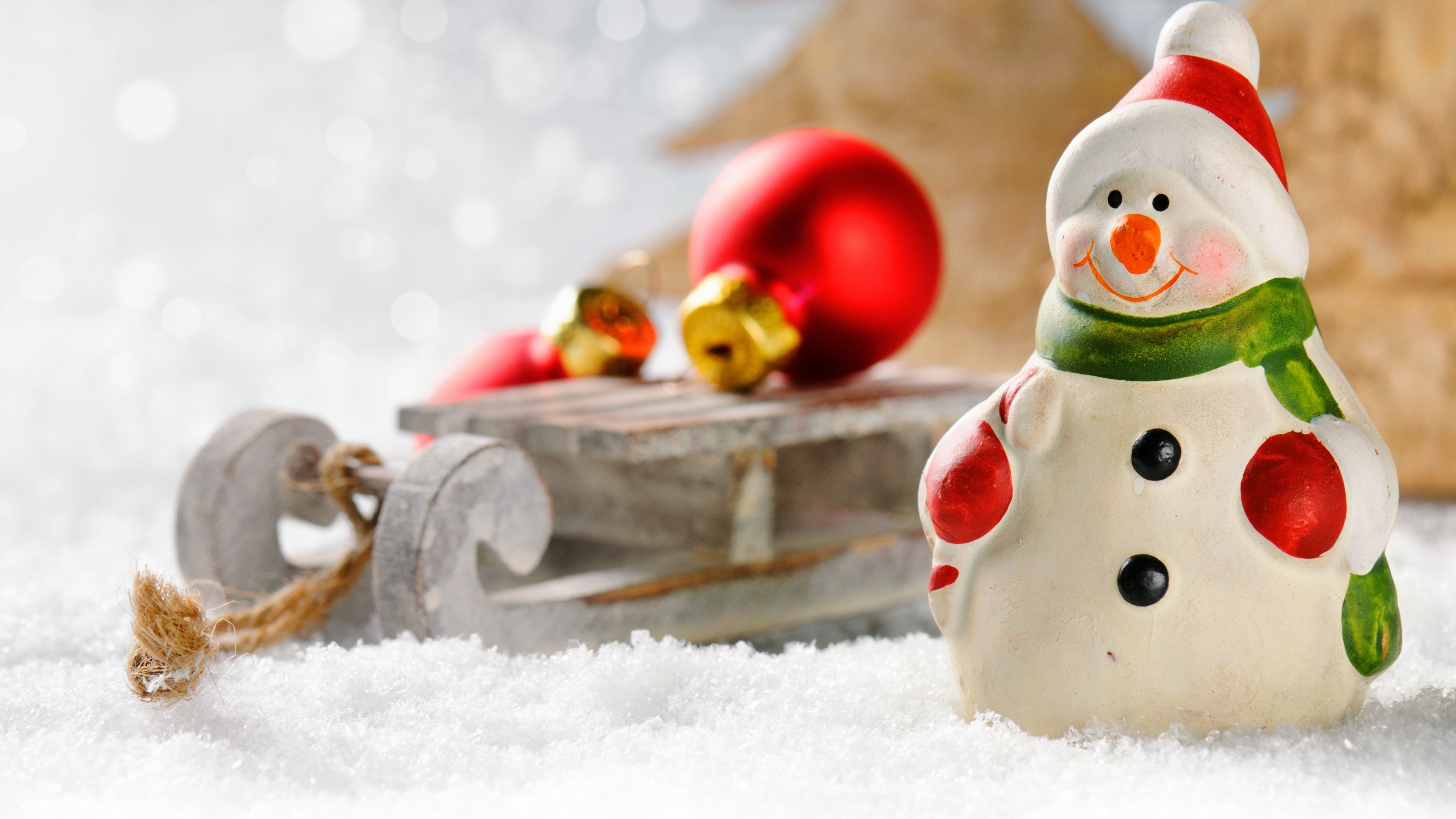 Snowman and Sled with Christmas Ornaments HD Wallpaper