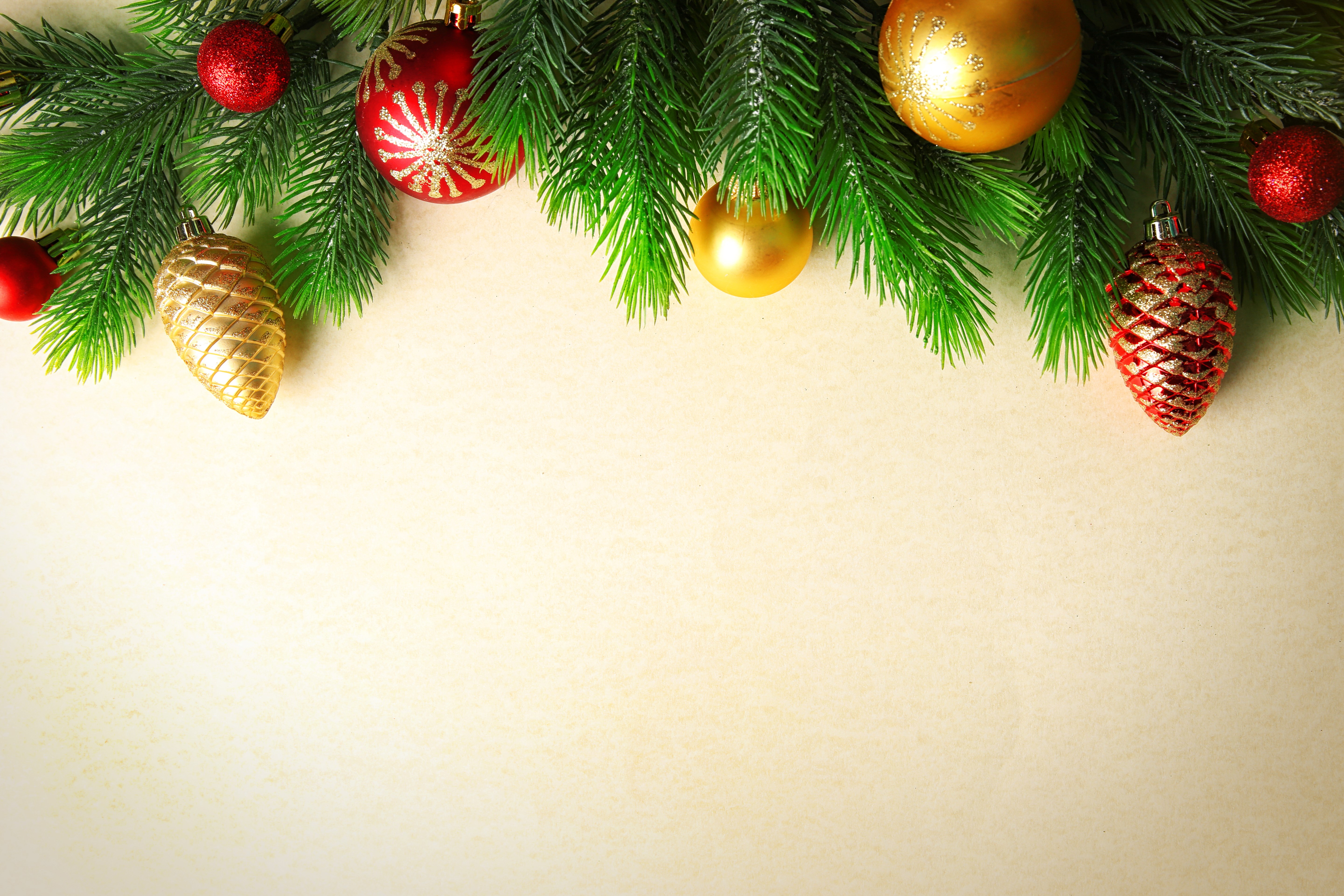Christmas tree branches with ornaments HD Wallpaper