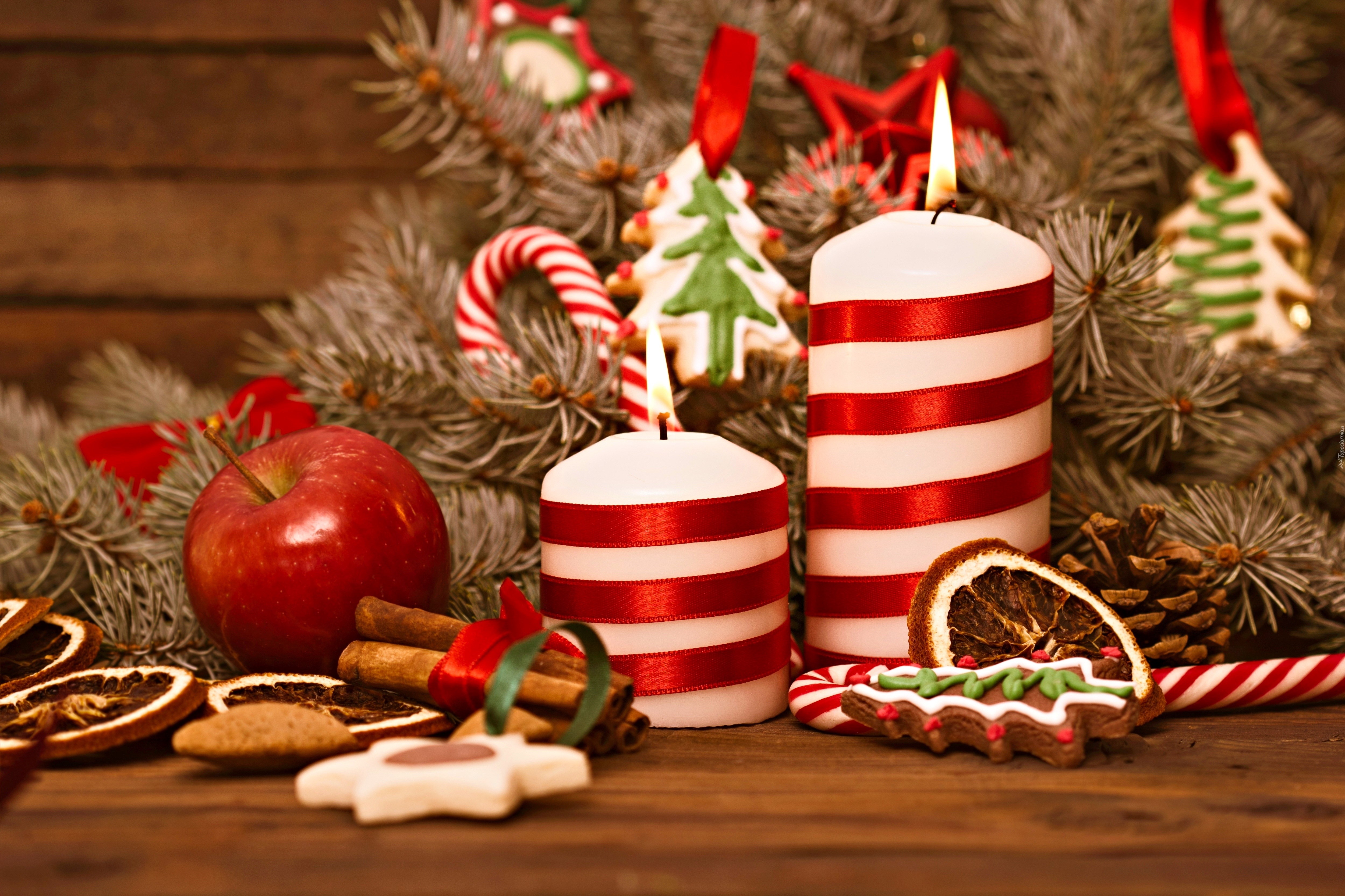 Christmas Decorations with Candles and Apple HD Wallpaper