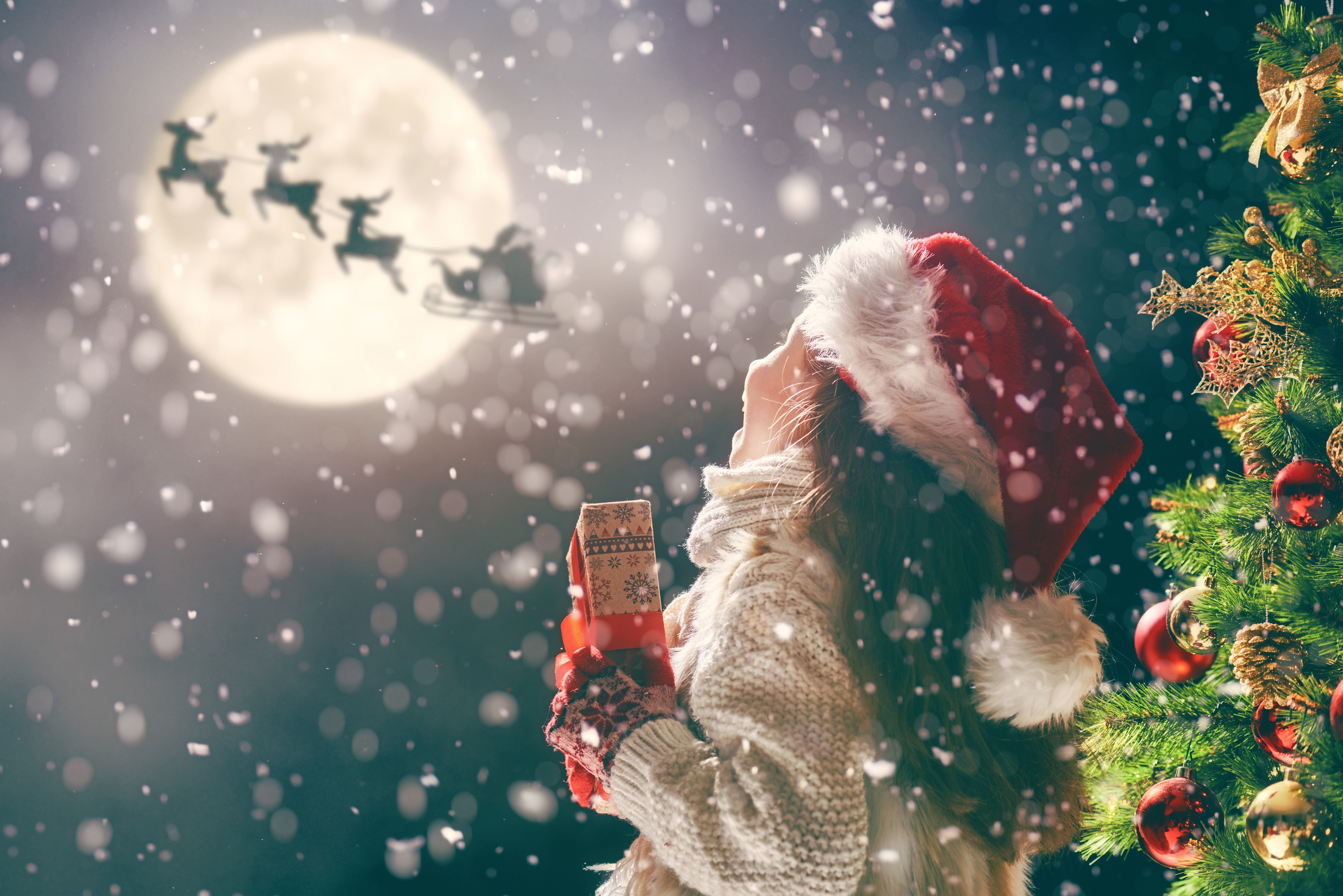 Girl in Santa hat watching Santa's sleigh fly by the moon HD Wallpaper