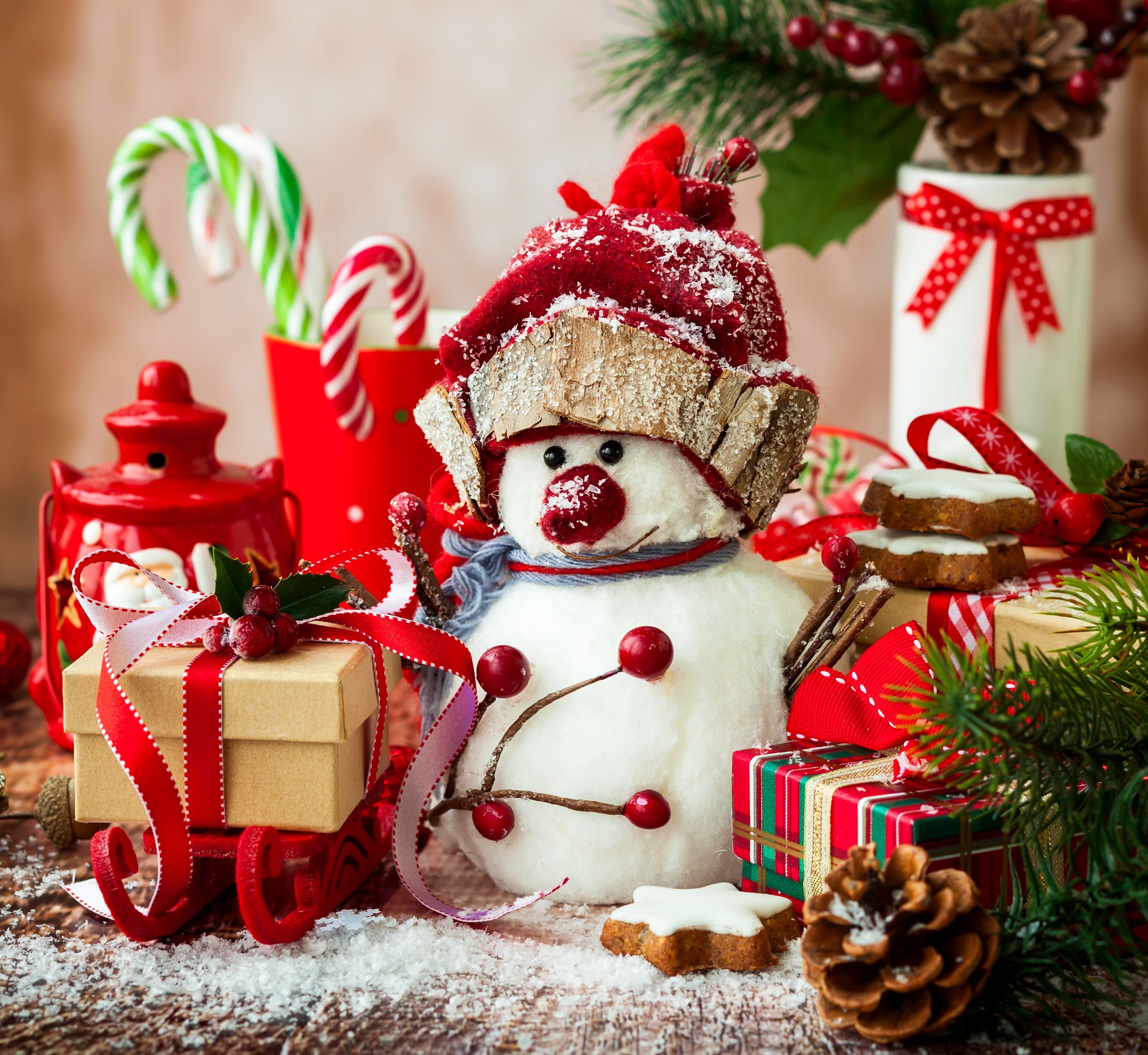 Christmas Snowman with Gifts and Candy Canes HD Wallpaper
