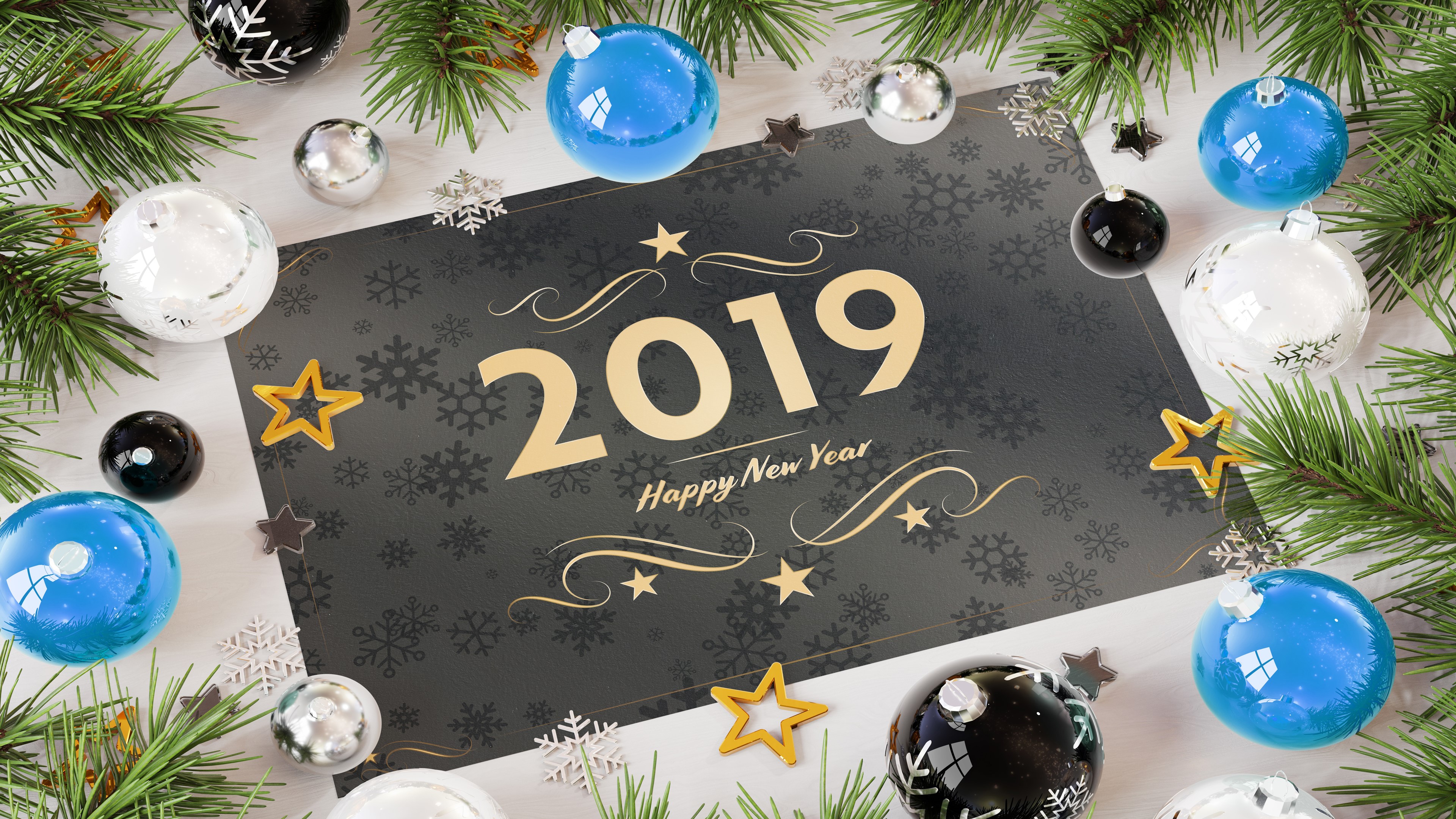 Happy New Year 2019 Christmas Ornaments and Pine Branches HD Wallpaper