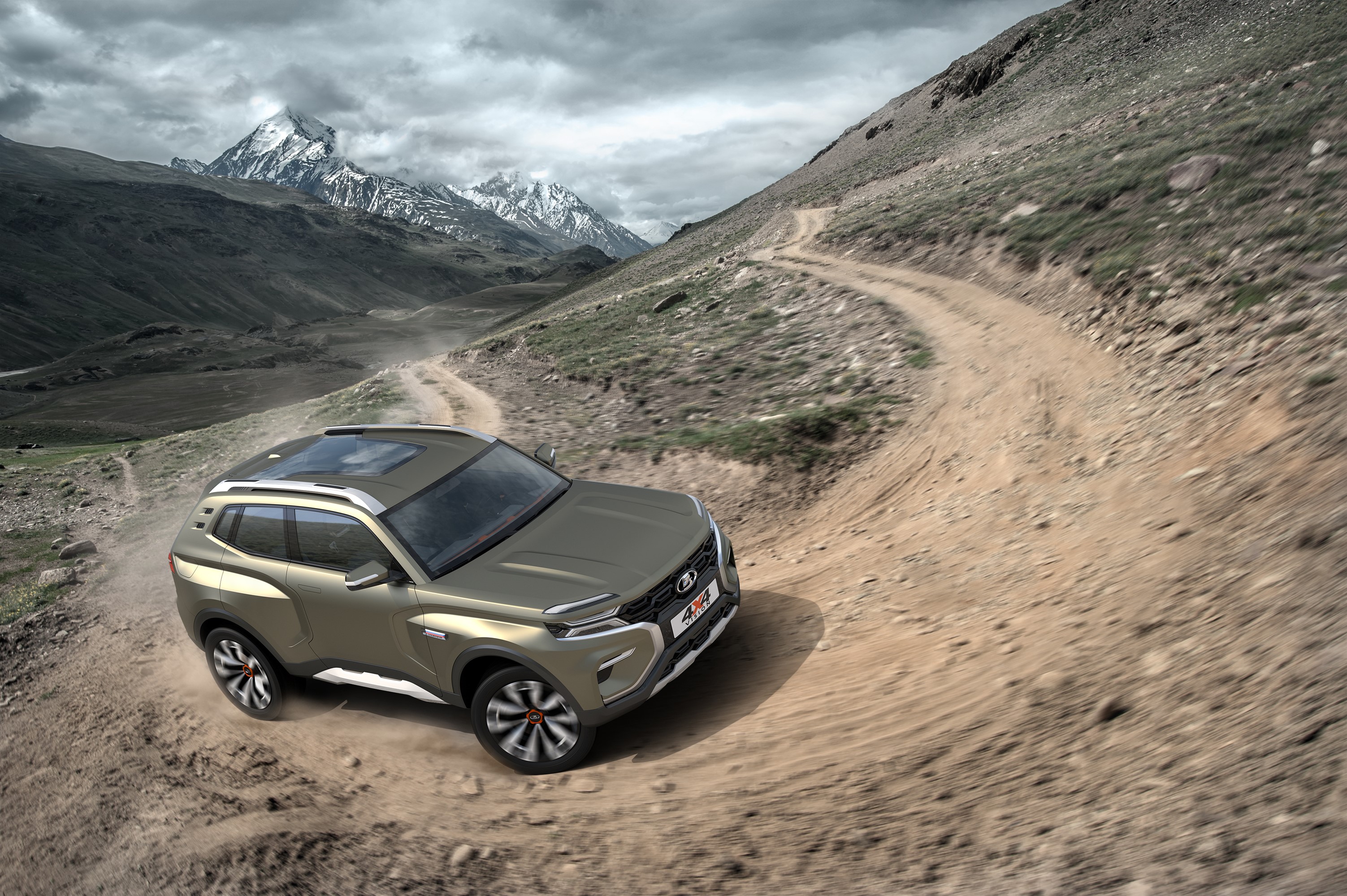 Lada 4x4 concept car on a mountain road HD Wallpaper