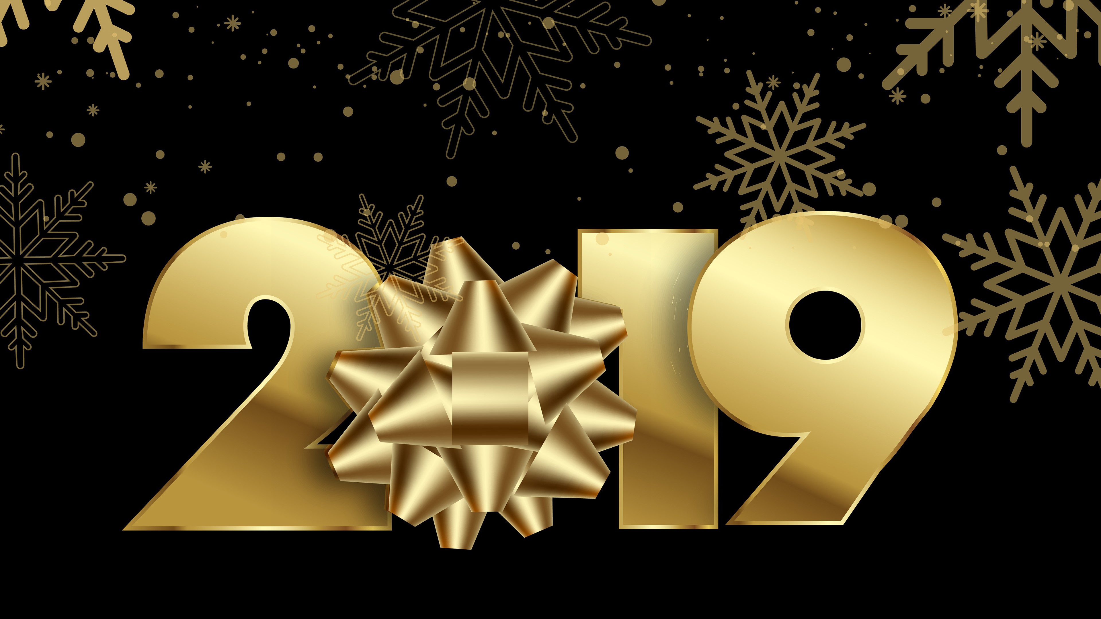 2019 New Year Gold Bow Snowflakes 4K HD Wallpaper