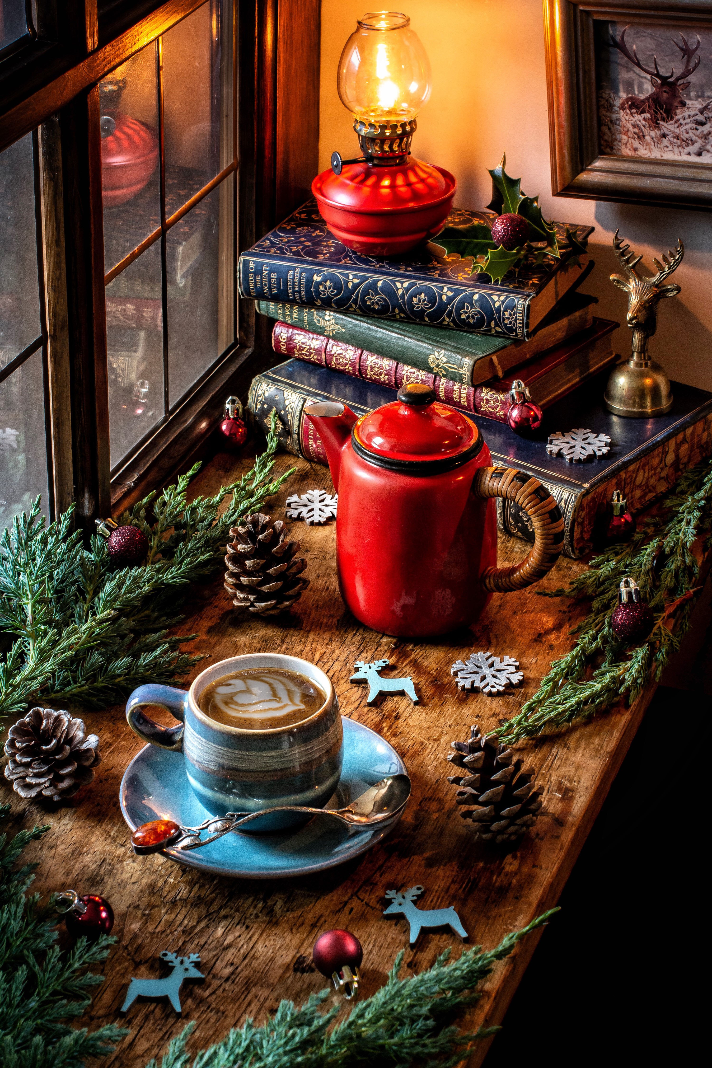 Christmas still life with coffee and books HD Phone Wallpaper
