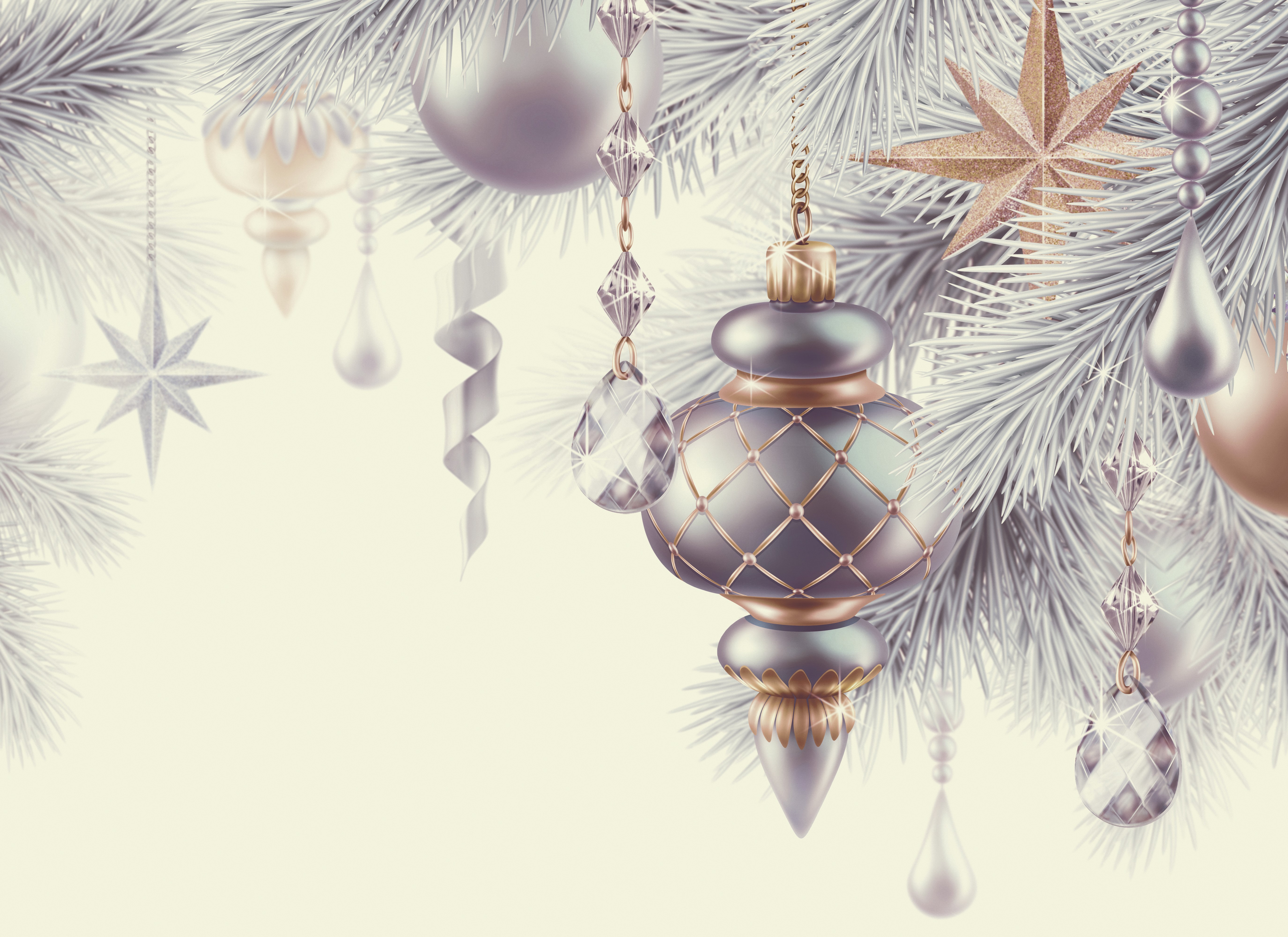 Christmas ornaments on white pine branches HD Wallpaper