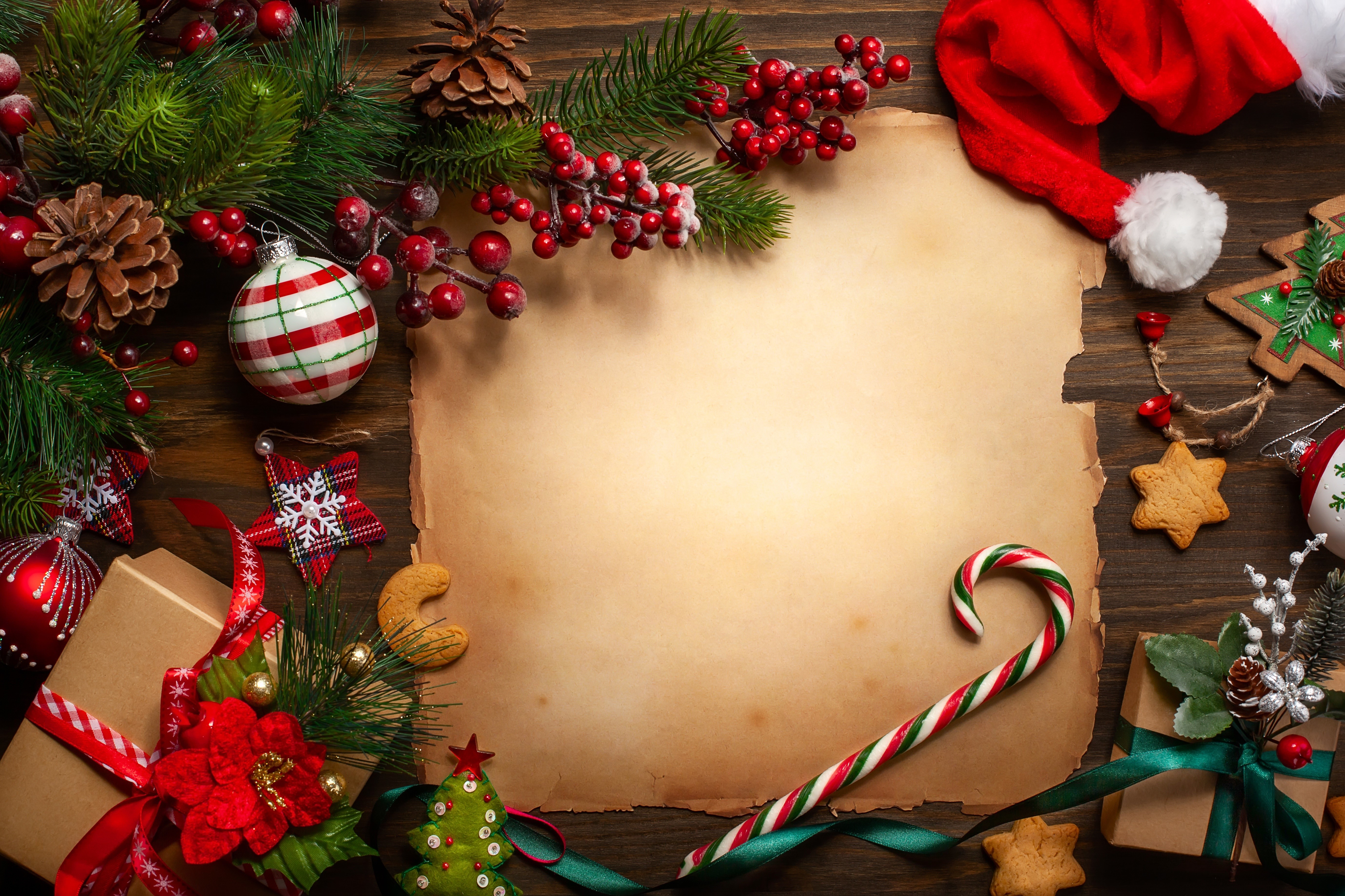 Christmas greeting card template with ornaments and gifts HD Wallpaper