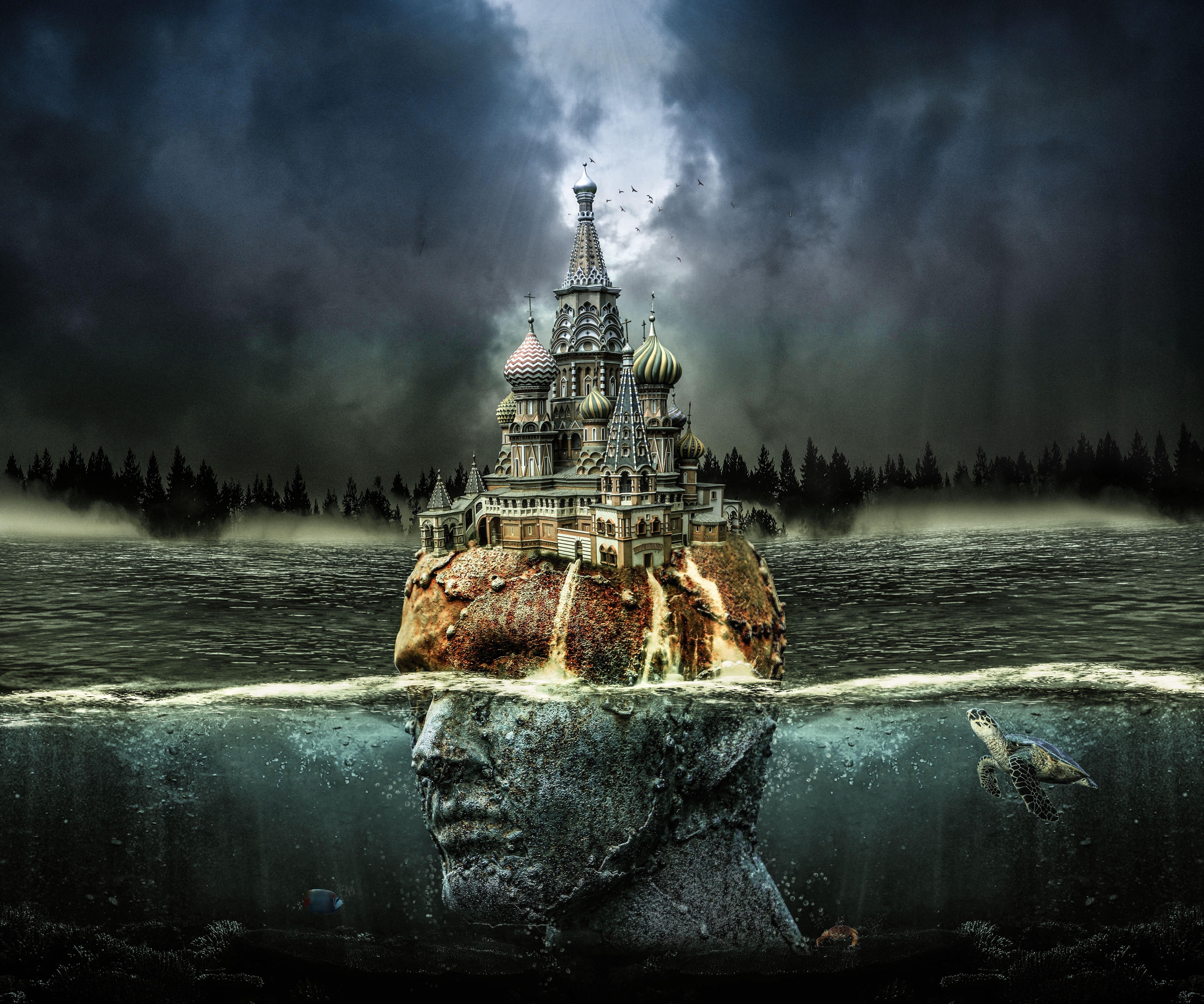 Surreal Head Sculpture with Church and Turtle HD Wallpaper