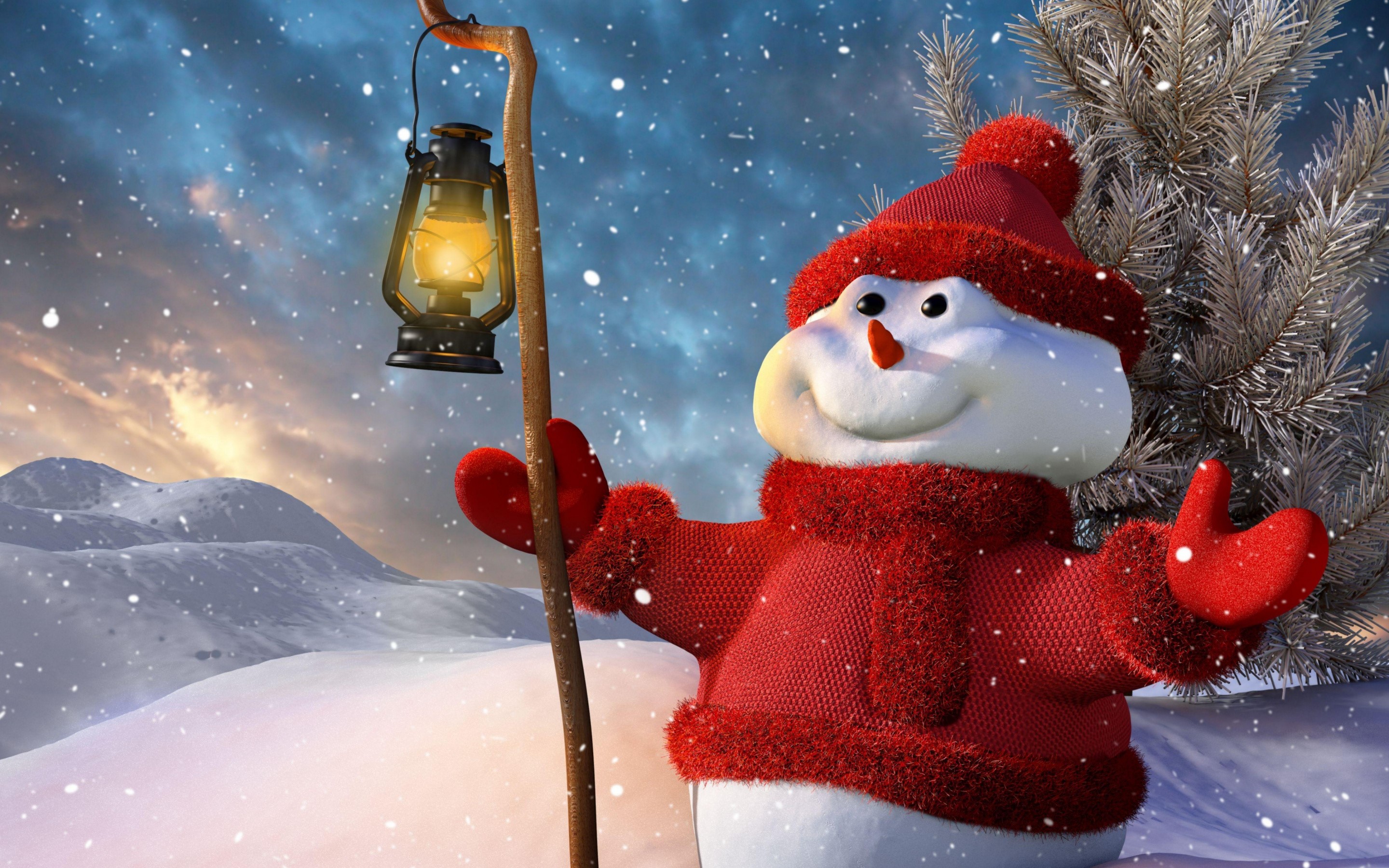 Snowman with lantern in snowy landscape HD Wallpaper