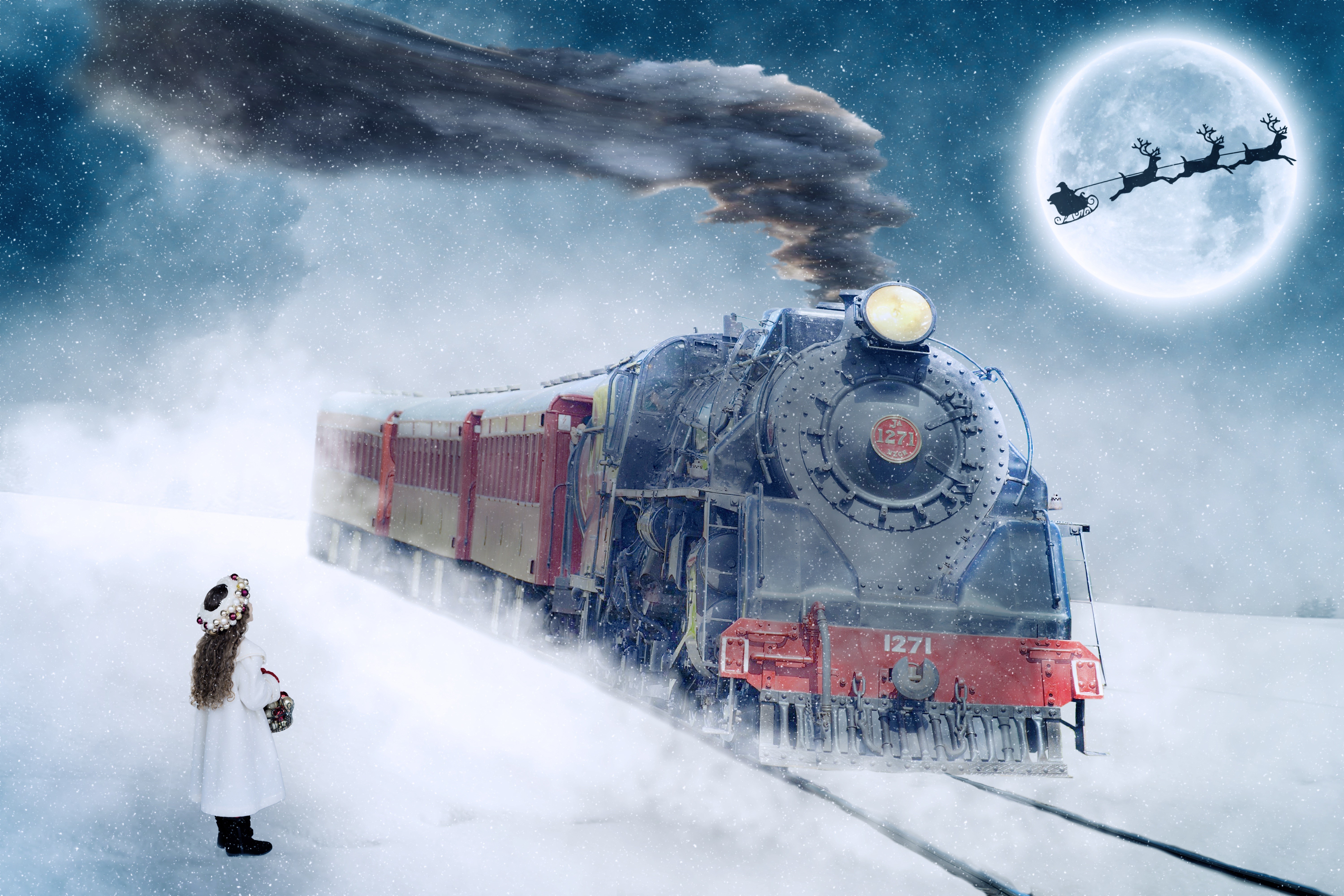 Christmas train with Santa's sleigh in the moonlit sky HD Wallpaper