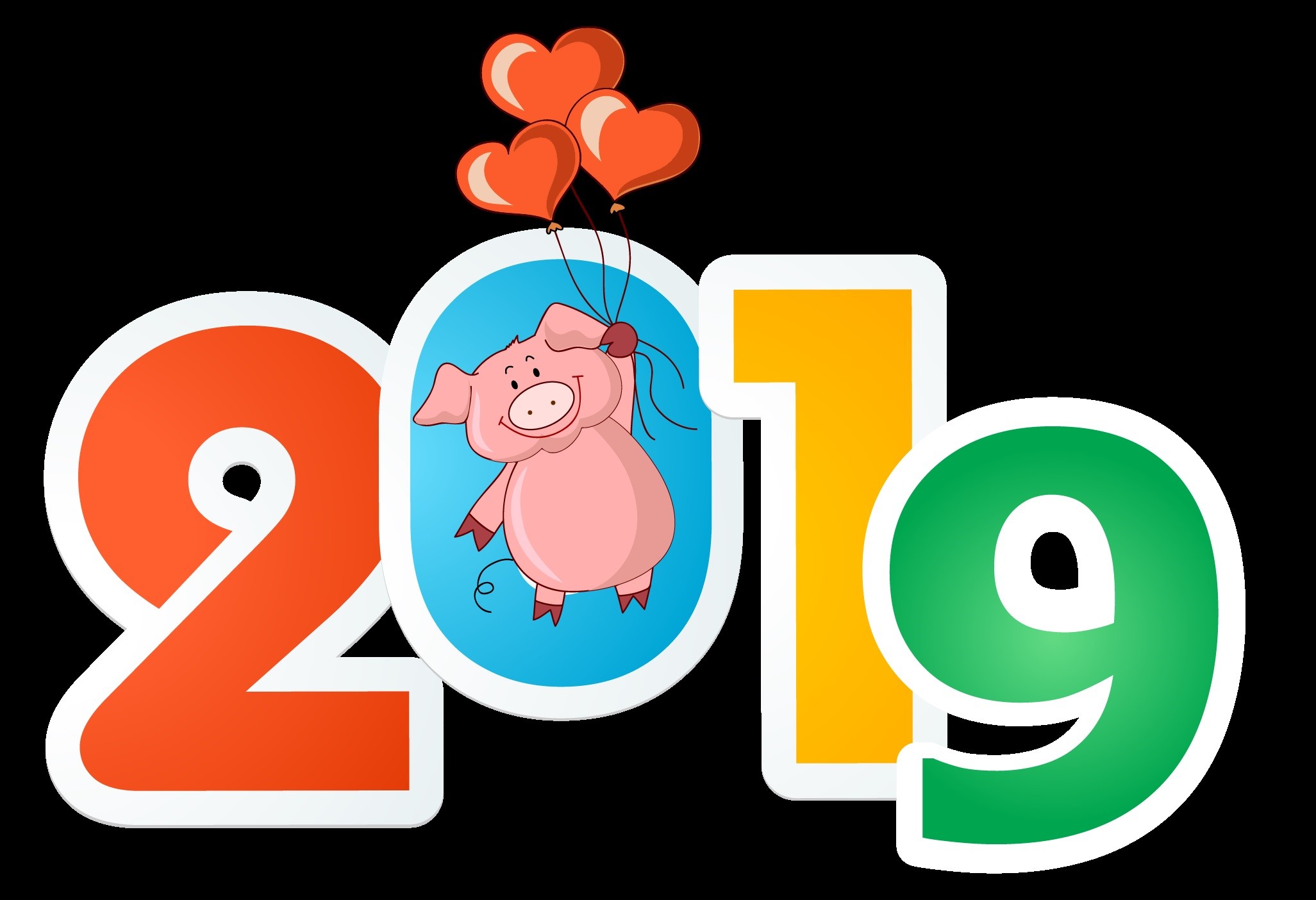 2019 with a pig and heart balloons HD Wallpaper