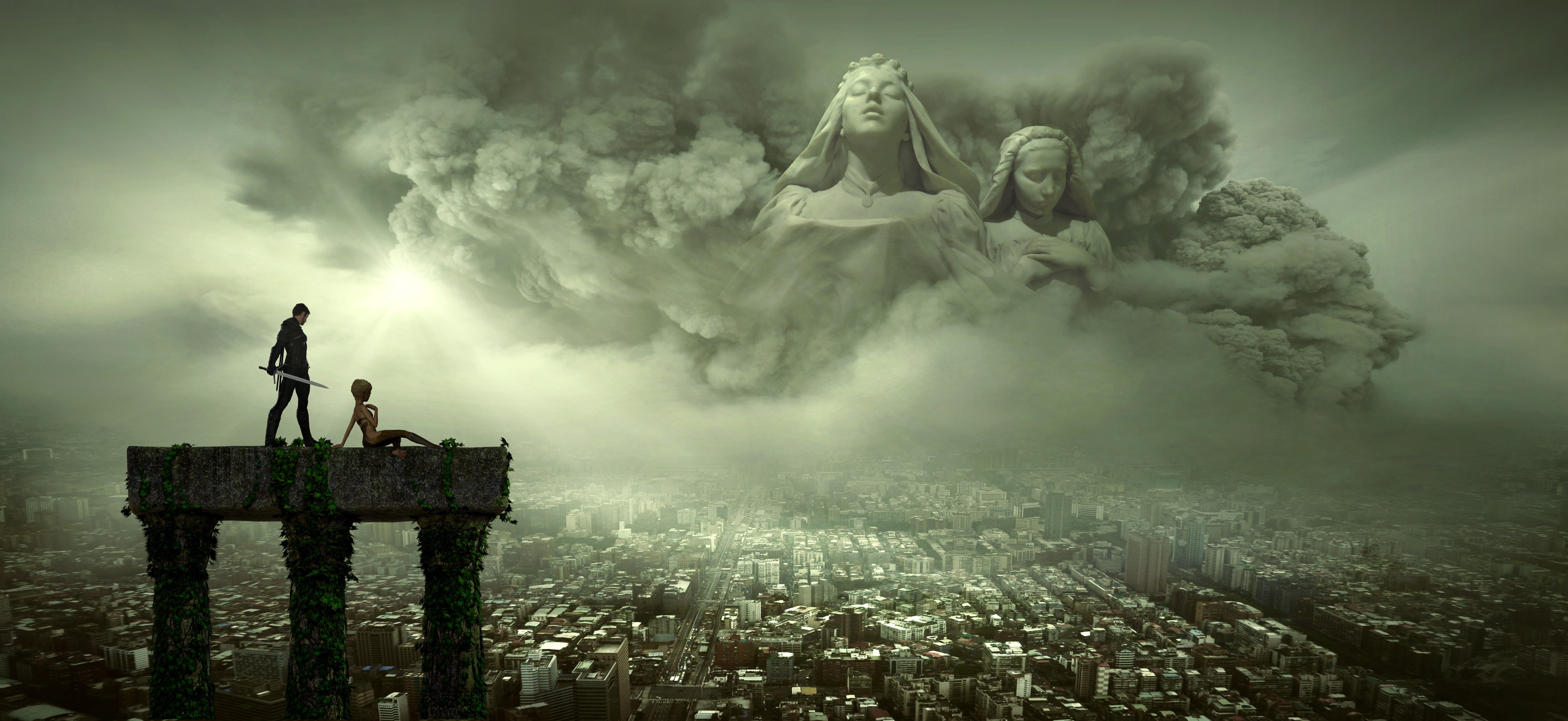 Two warriors on ancient ruins overlooking a city with statues in clouds HD Wallpaper