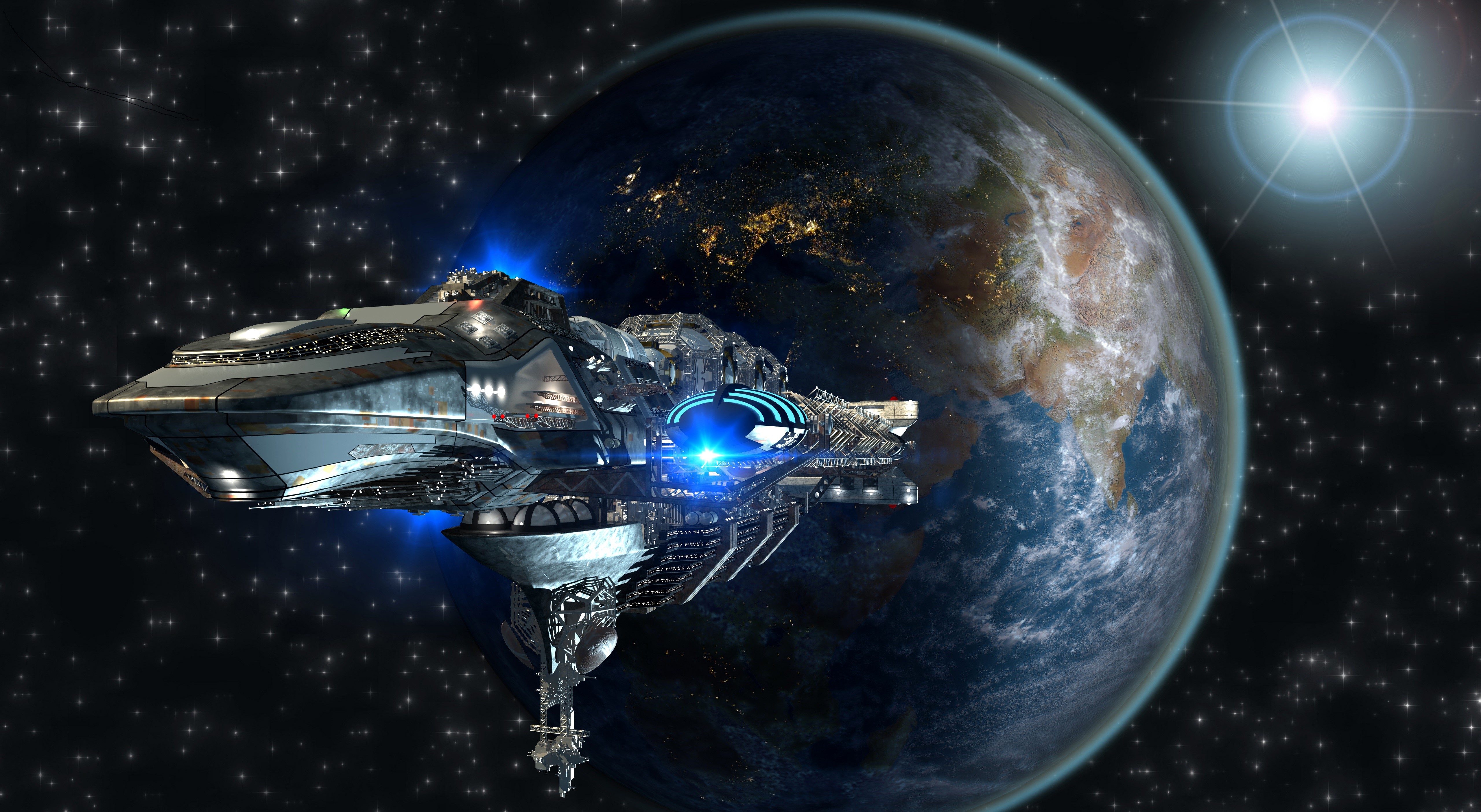 Starship near Earth with stars and sun HD Wallpaper