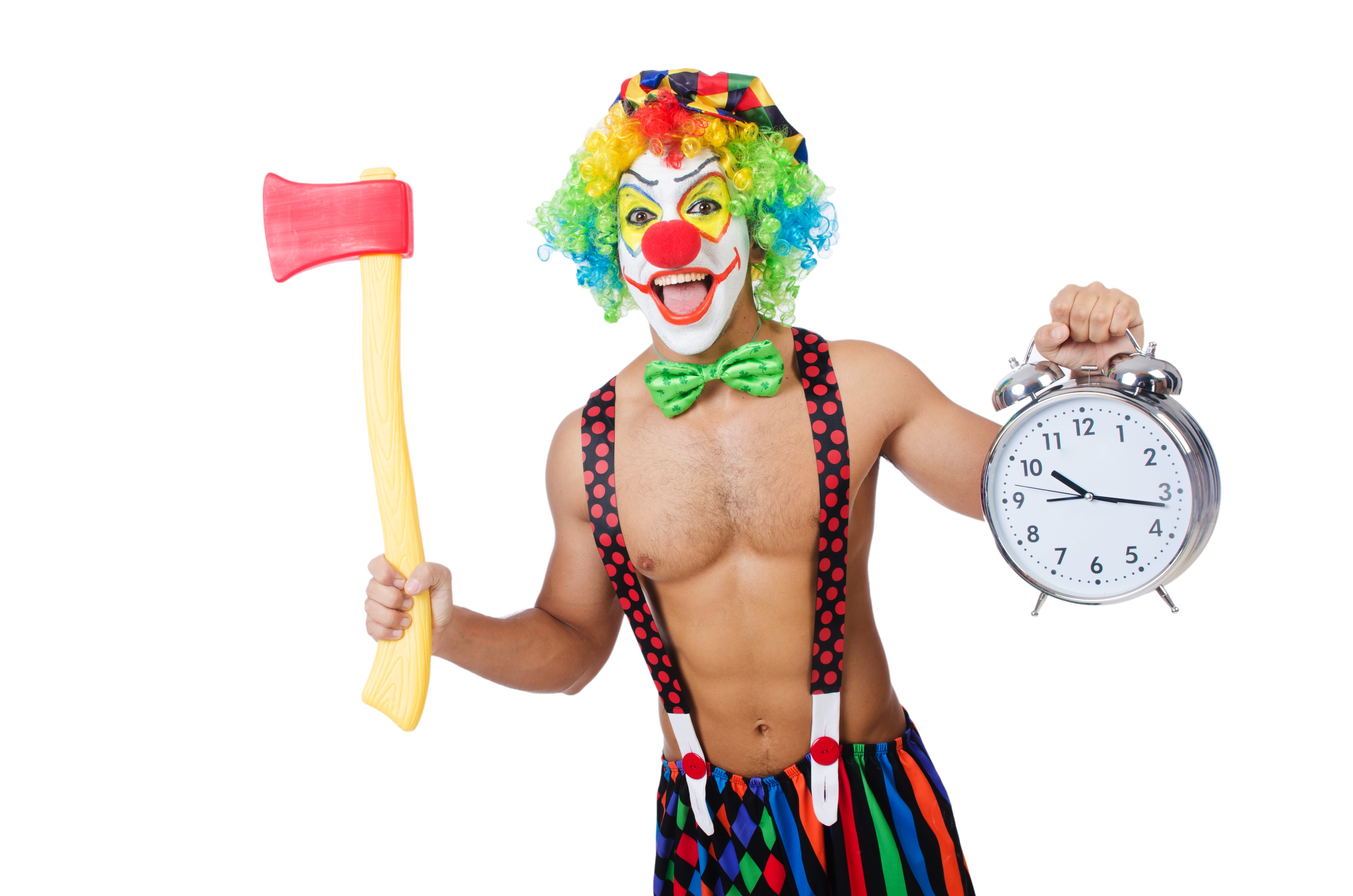 Clown with Axe and Alarm Clock on White Background HD Wallpaper