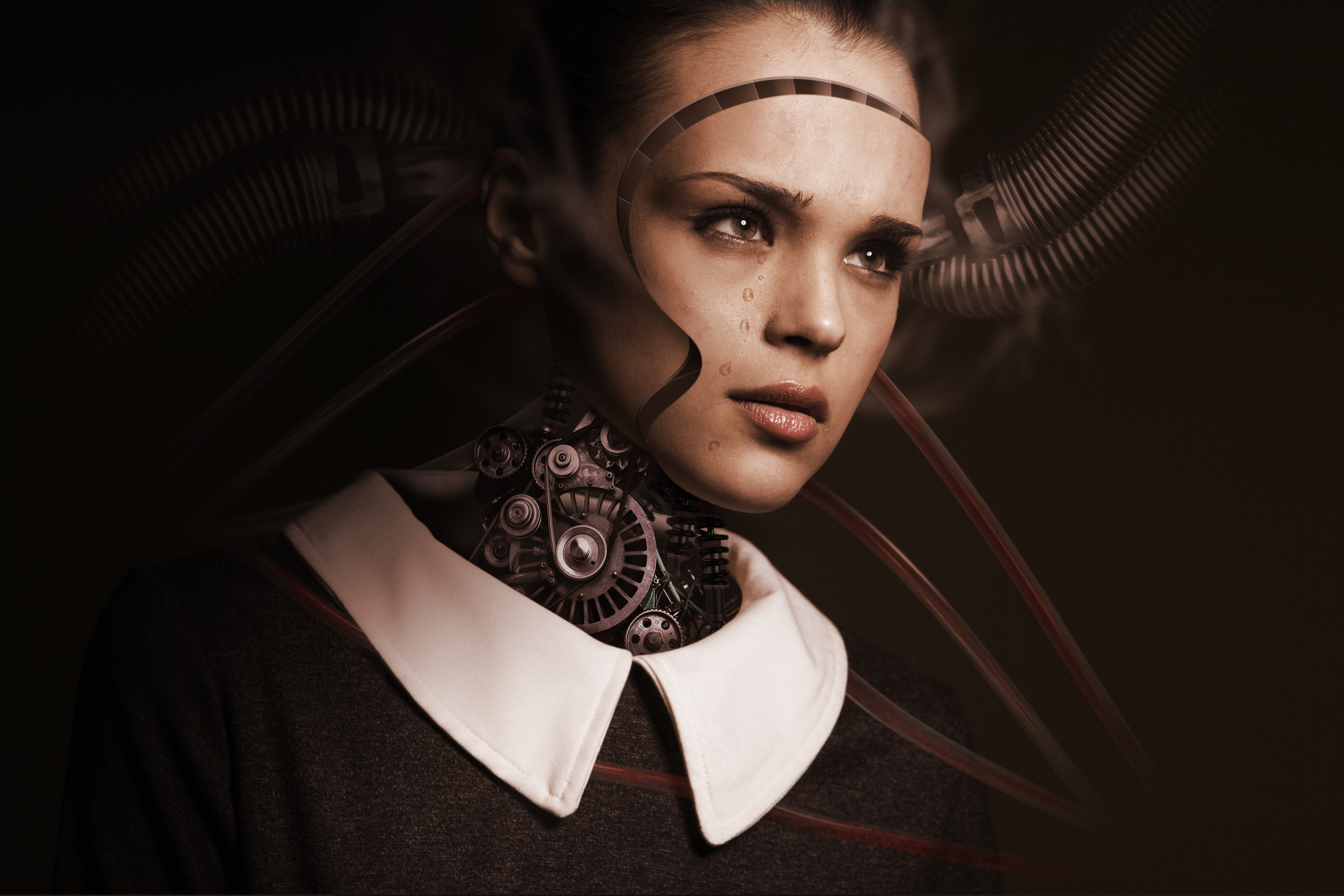 Robot woman with gears and tubes HD Wallpaper