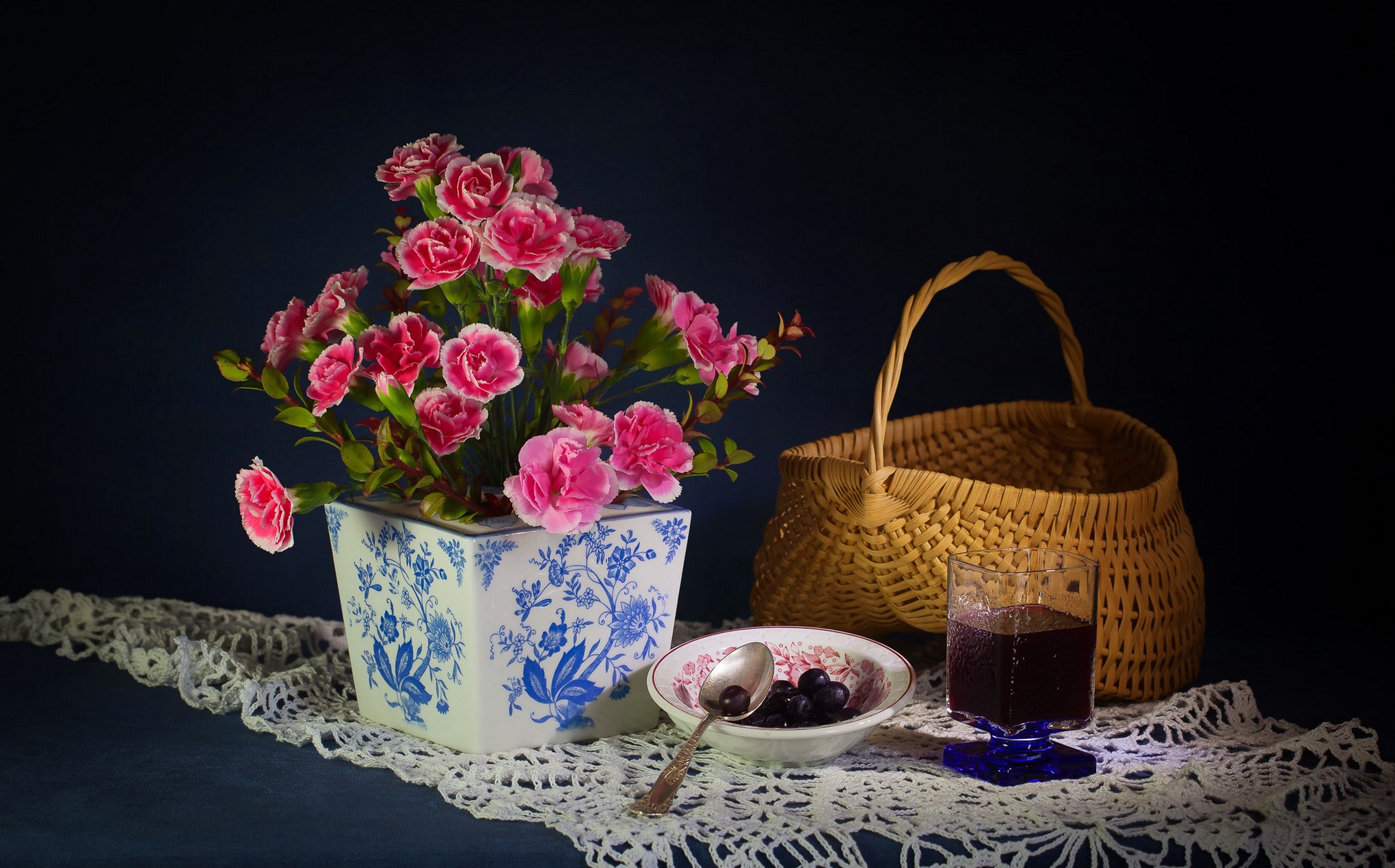 Still-life with pink carnations, blueberries, and juice HD Wallpaper