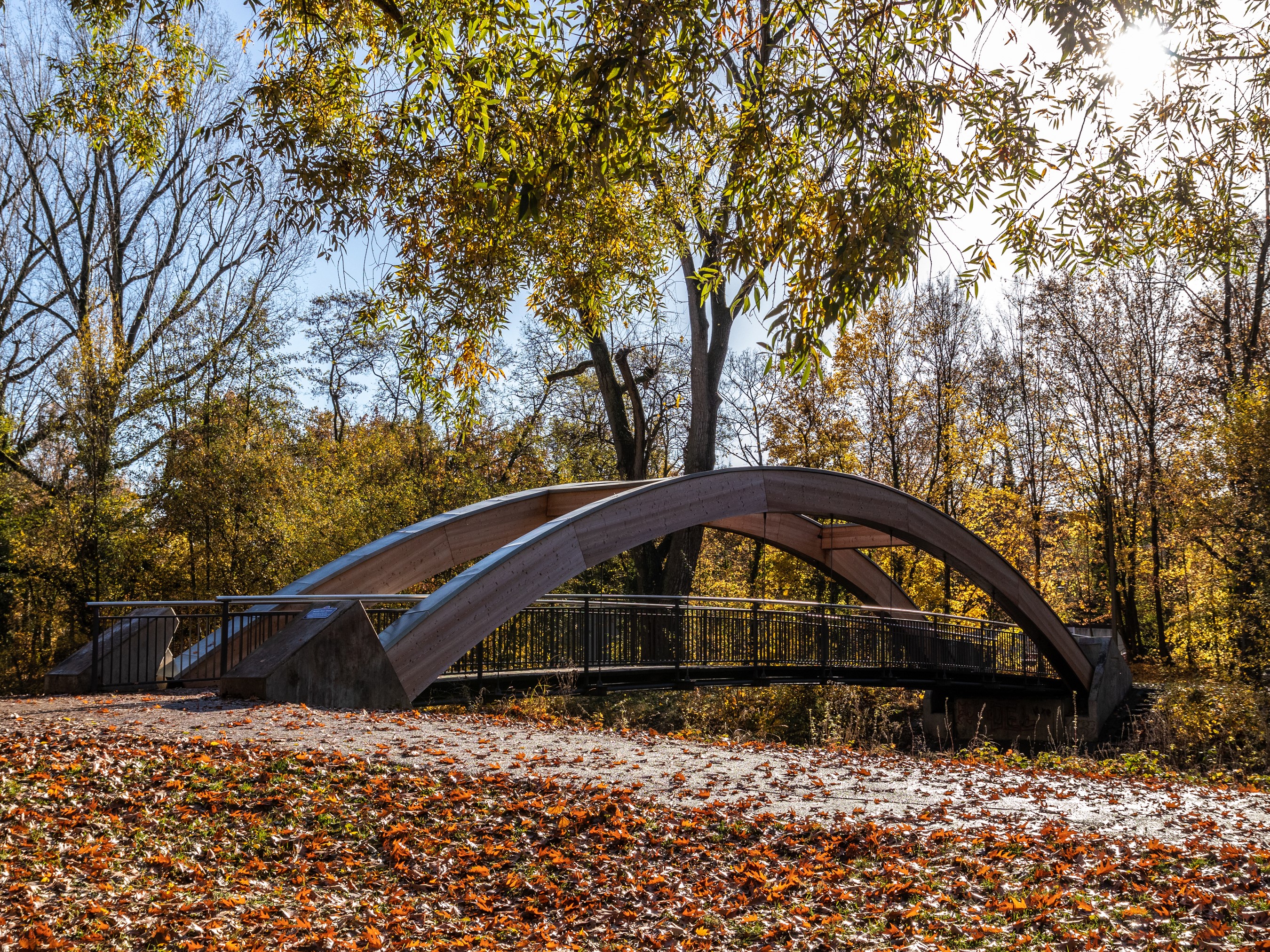 Wooden arched bridge in autumn park, Karlsruhe, Germany HD Wallpaper
