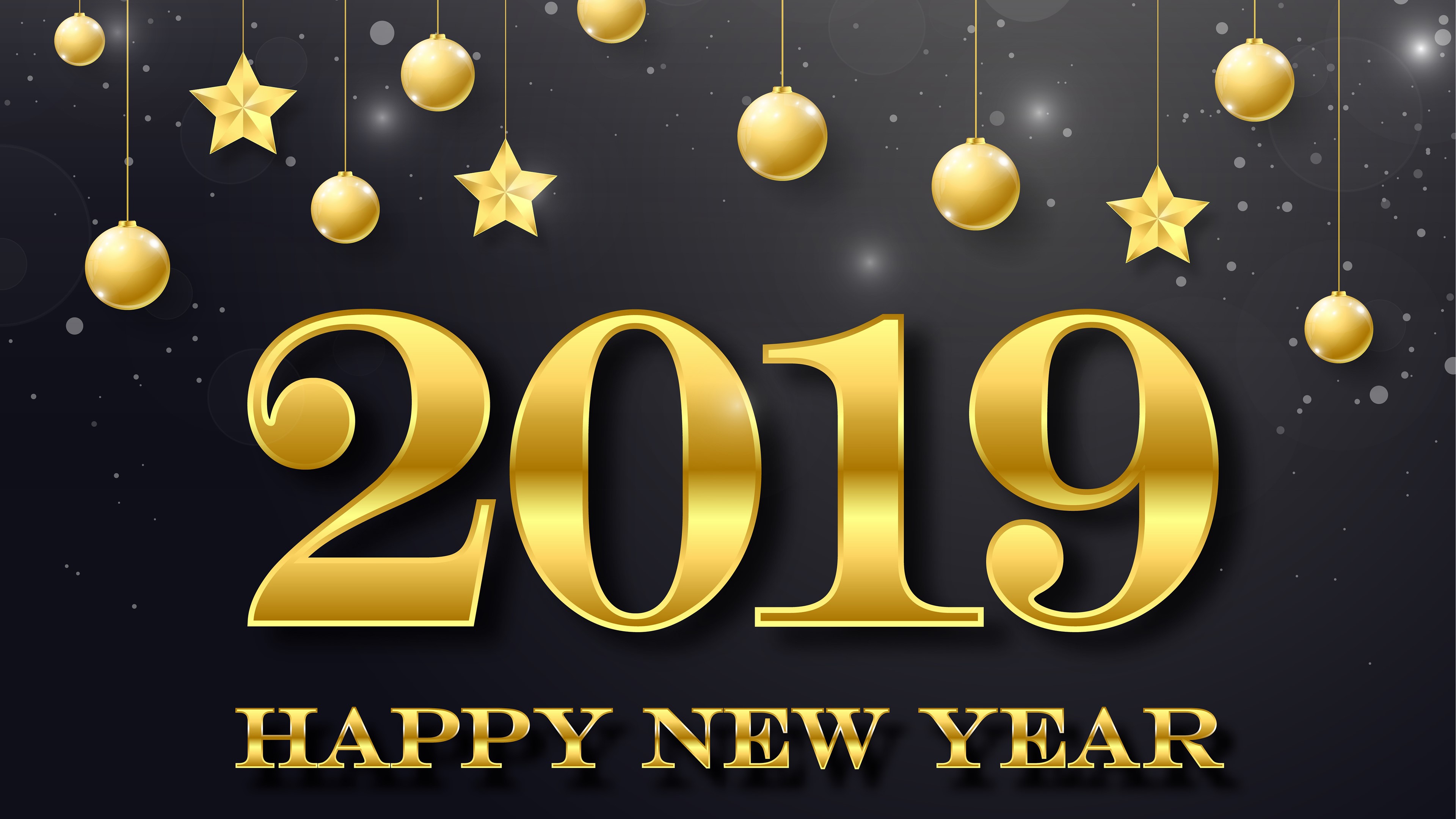 Happy New Year 2019 Gold Text with Ornaments HD Wallpaper