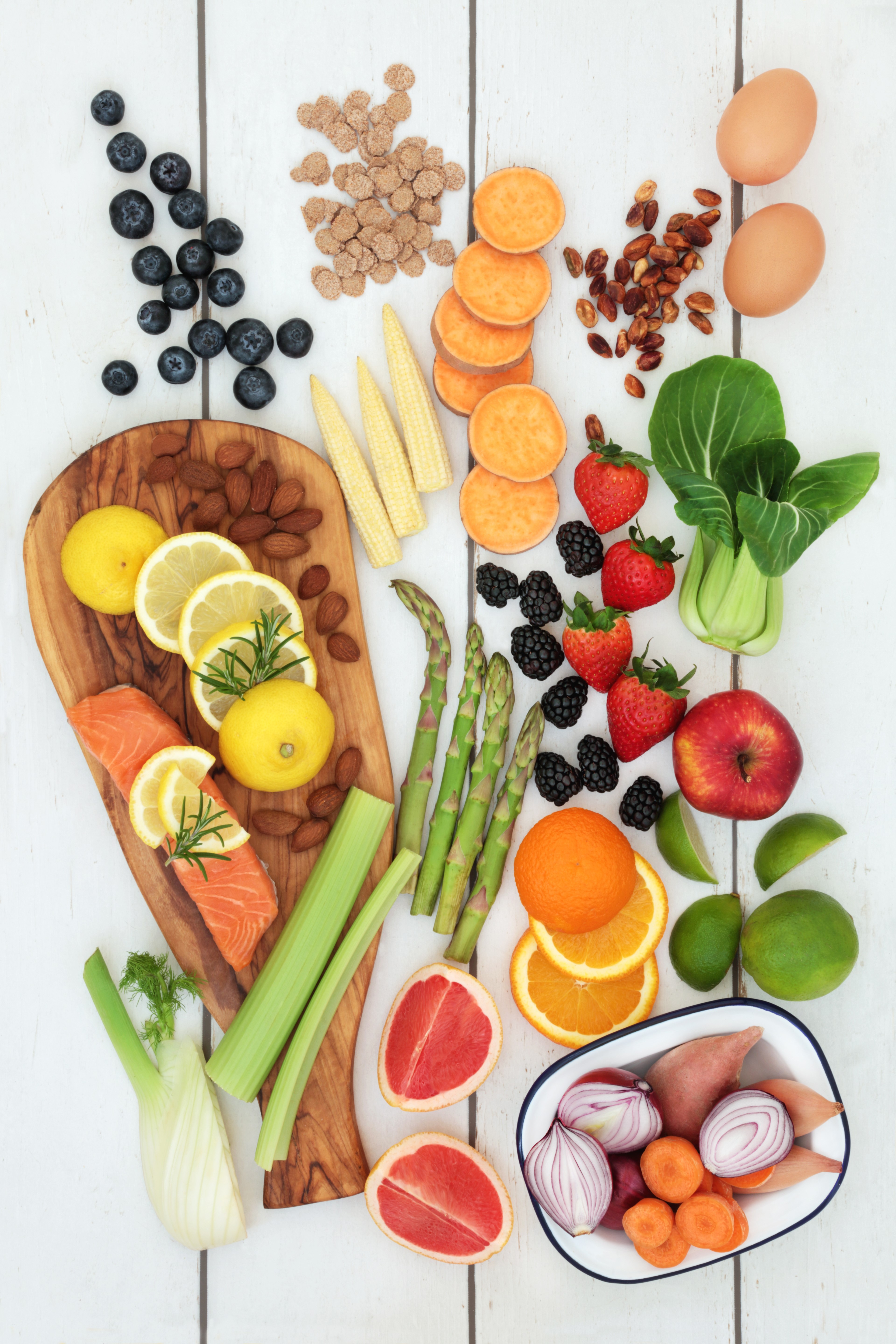Healthy Food Assortment: Fruits, Vegetables, Fish, Eggs, Nuts HD Phone Wallpaper
