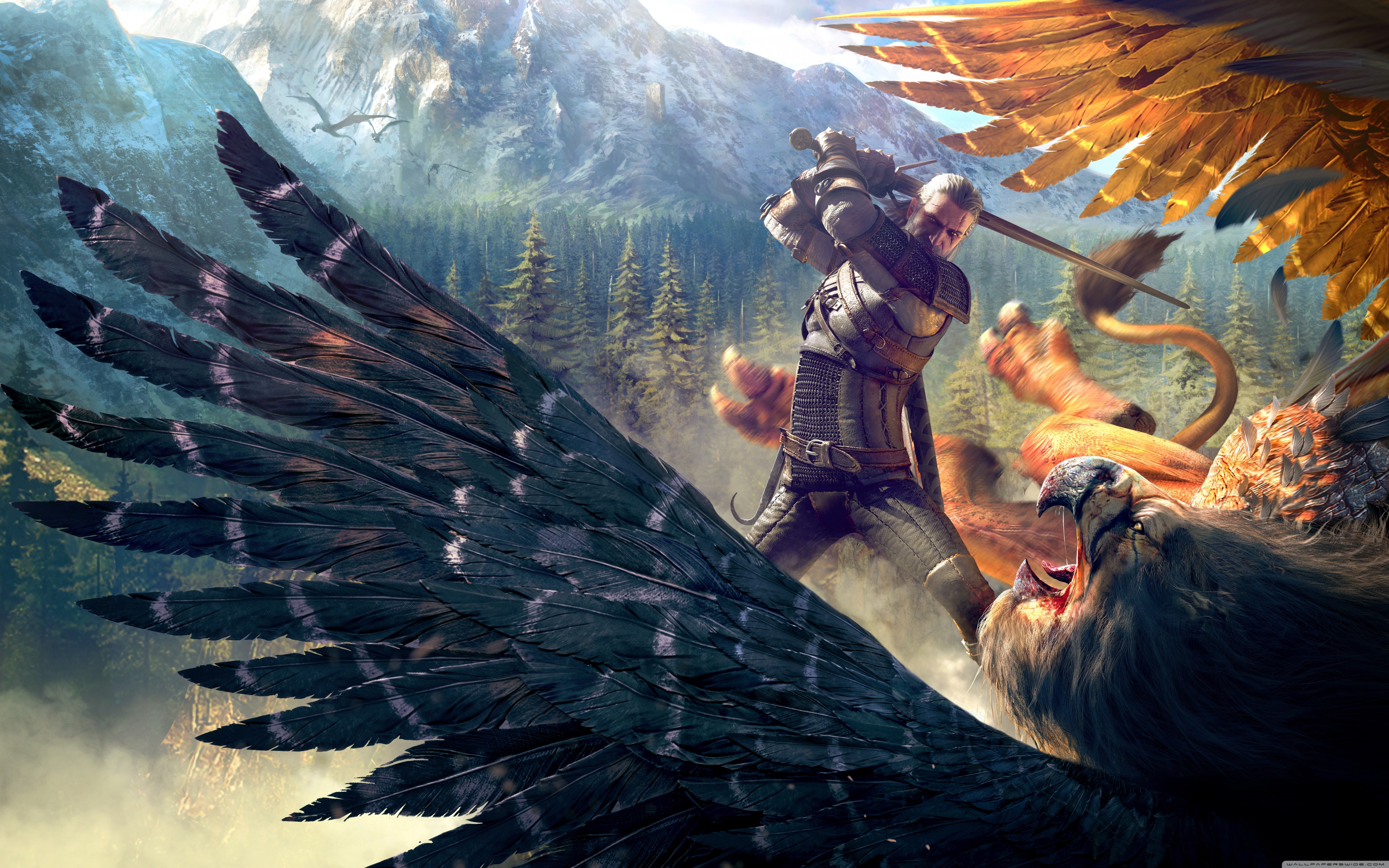 Geralt of Rivia fighting monsters in The Witcher 3 HD Wallpaper