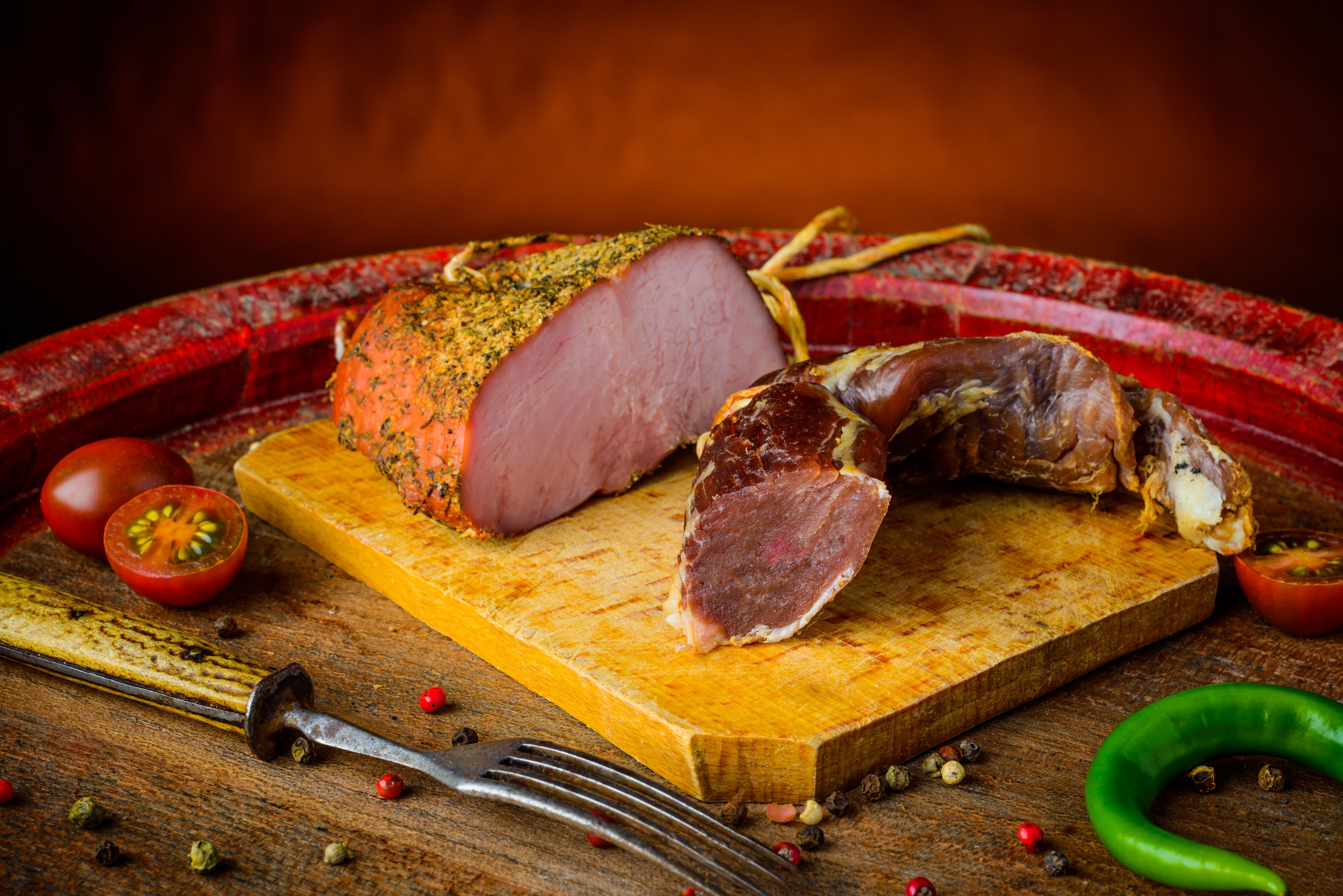 Ham, Tomatoes, Chili Pepper, and Fork on Cutting Board HD Wallpaper