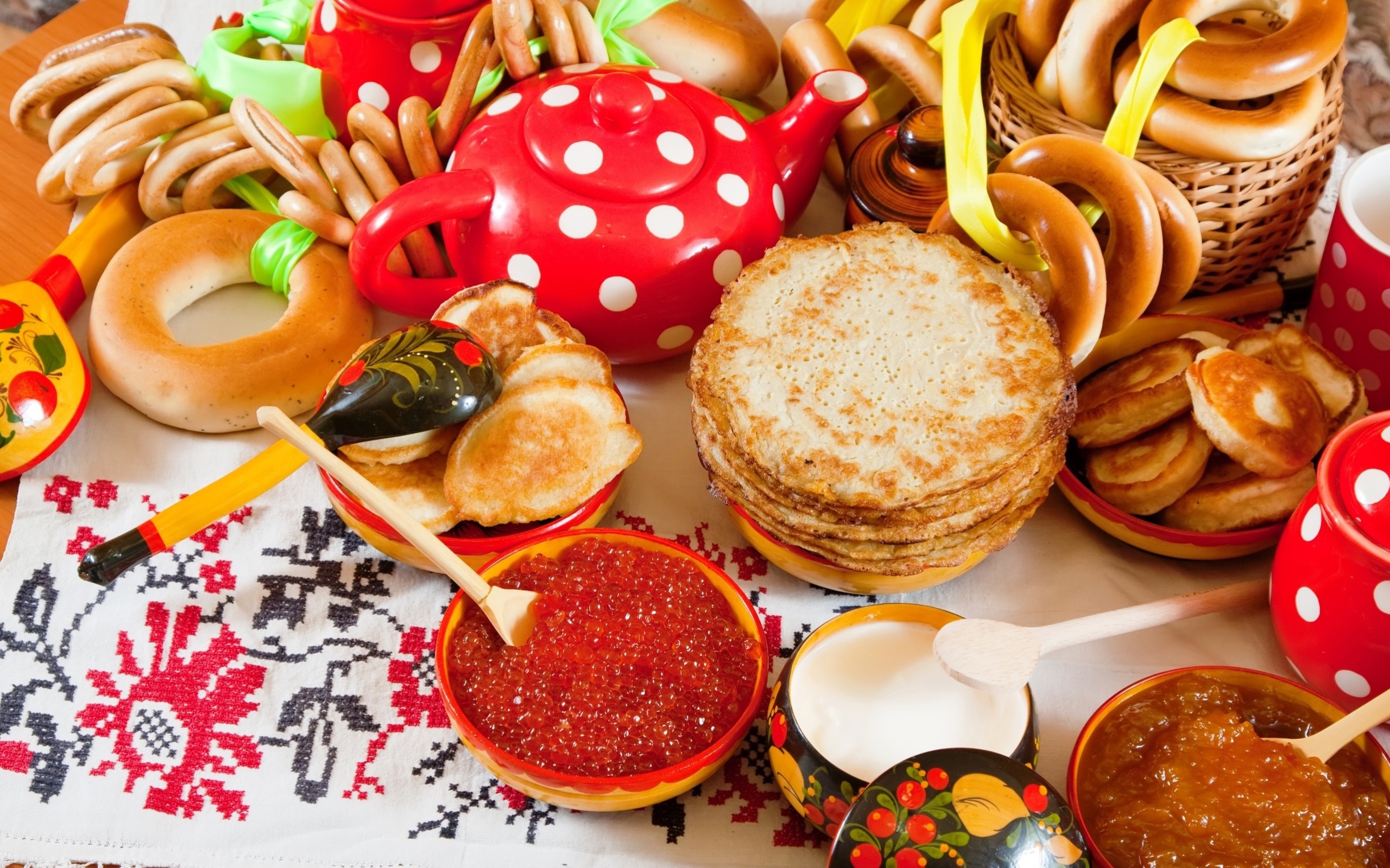 Russian Blini, Caviar, and Pastries with Red Teapot HD Wallpaper