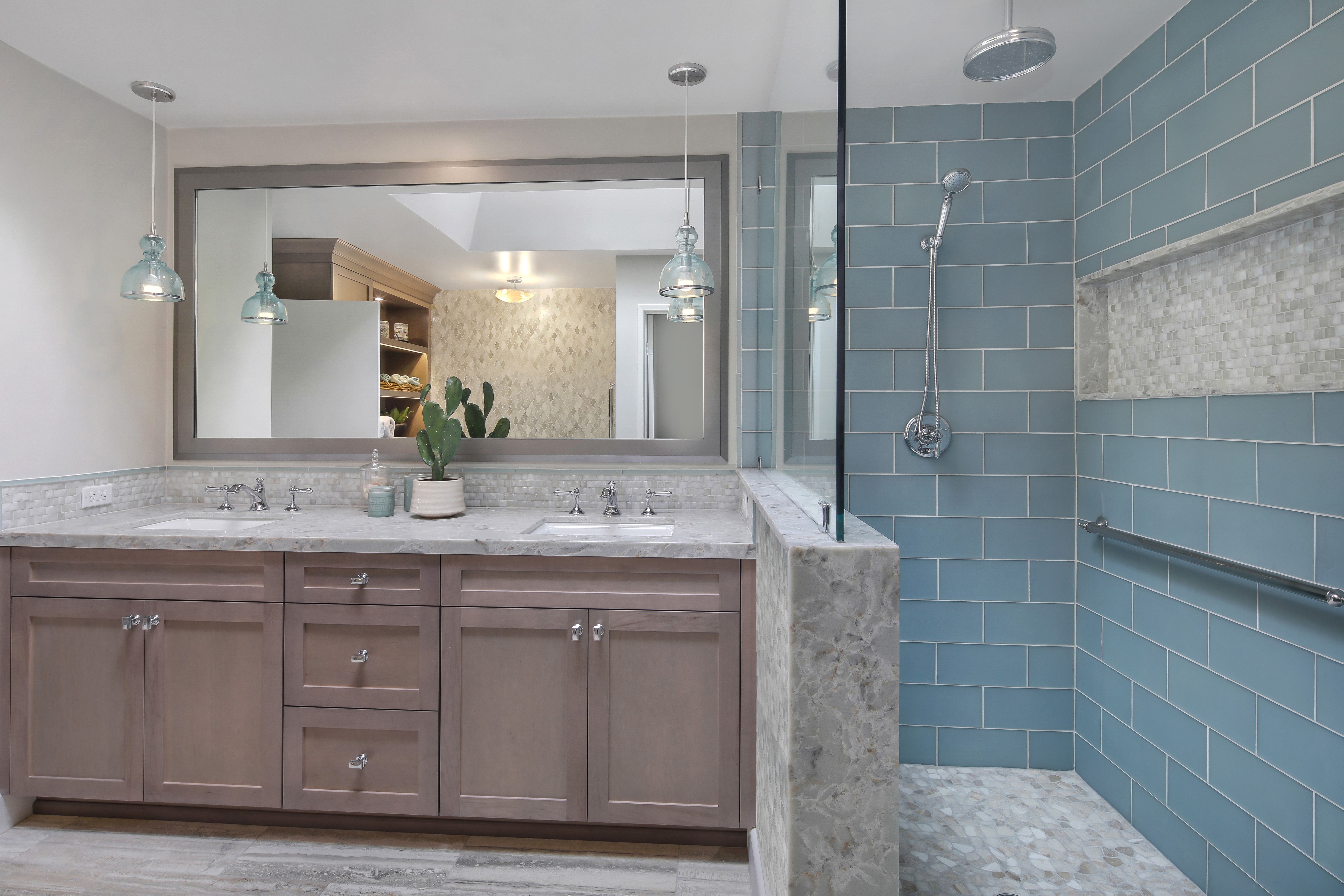 Modern Bathroom with Double Vanity and Blue Tiled Shower HD Wallpaper