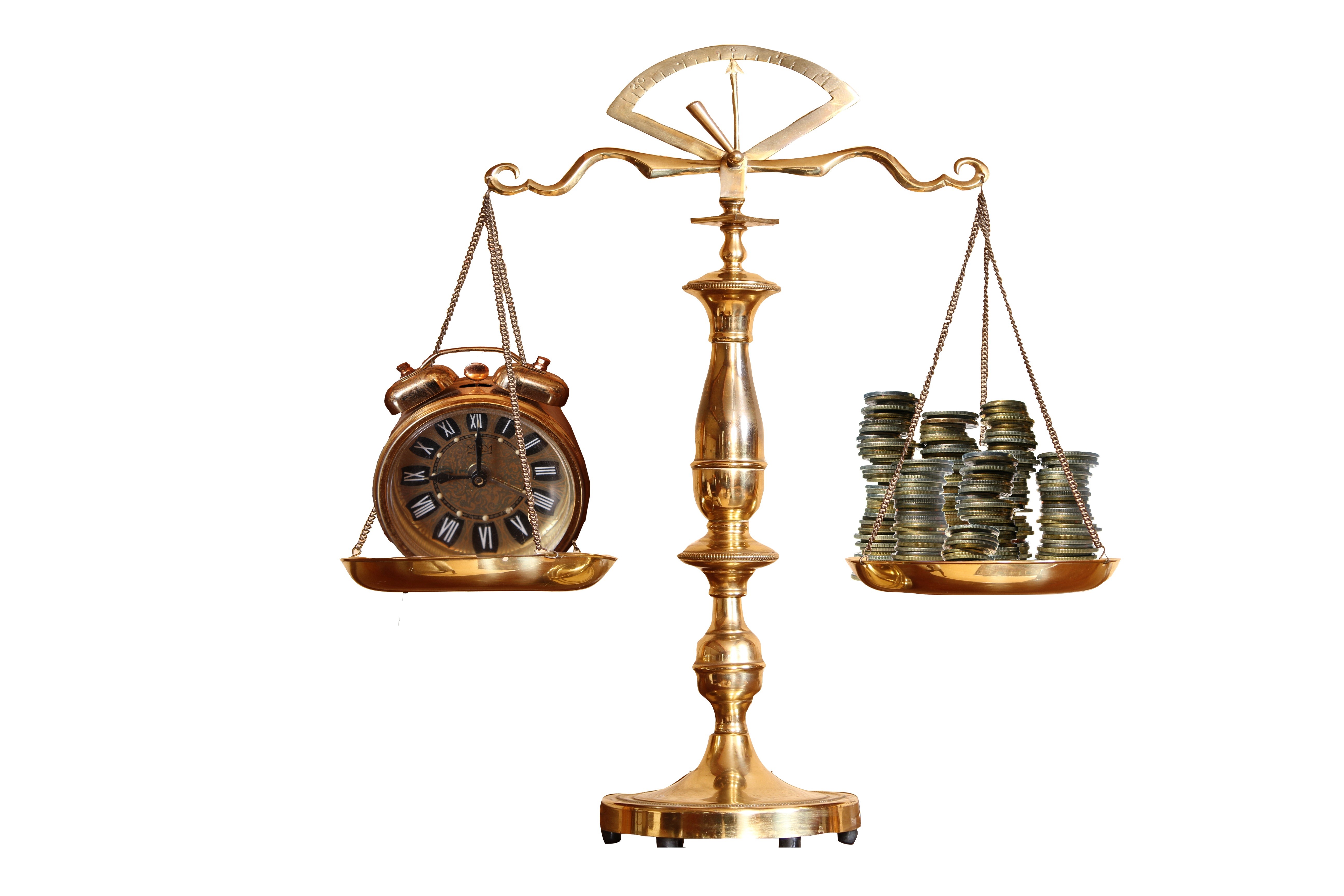 Brass balance scale with alarm clock and coins HD Wallpaper