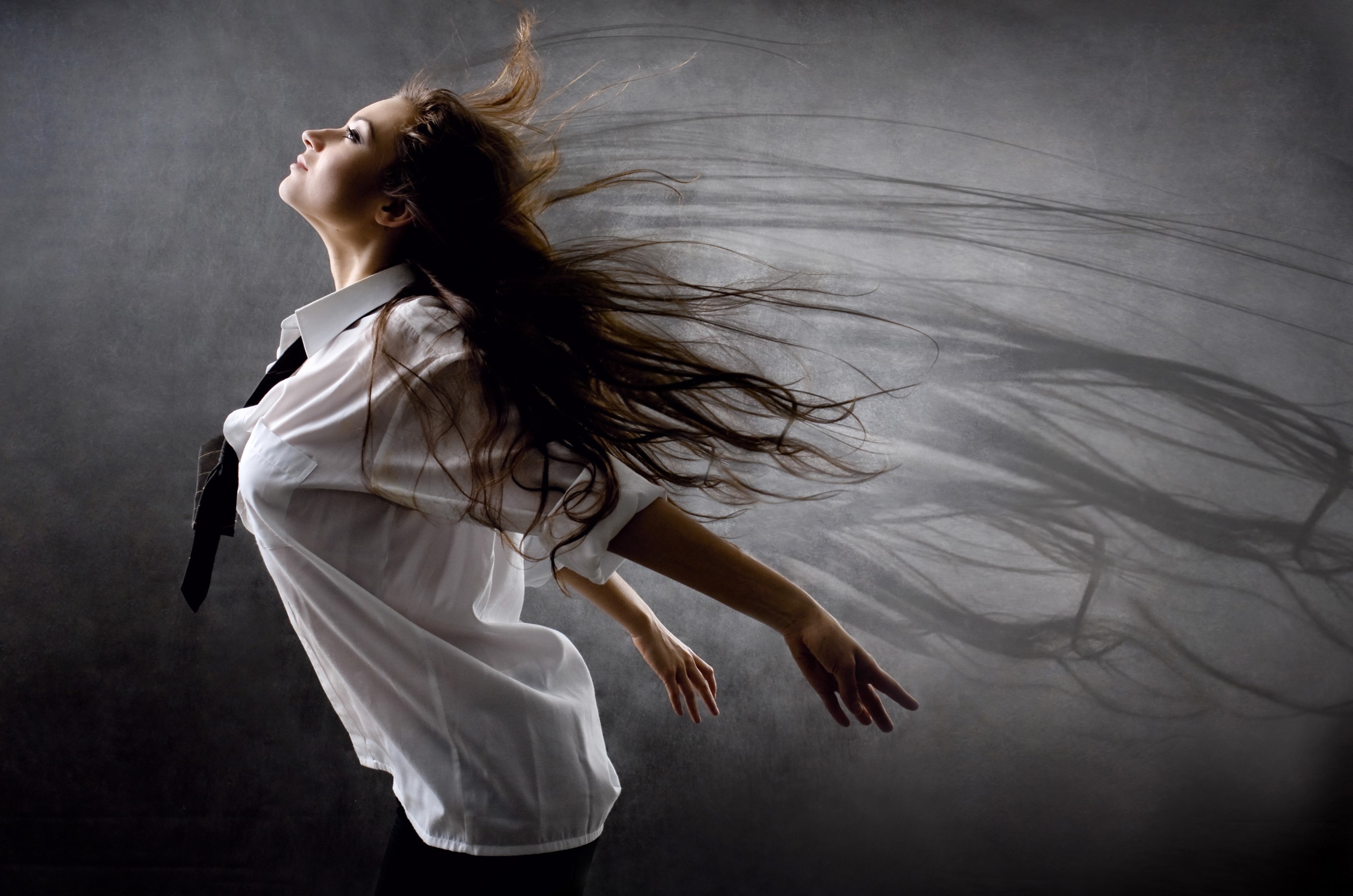 Woman with long brown hair in a white shirt and tie HD Wallpaper