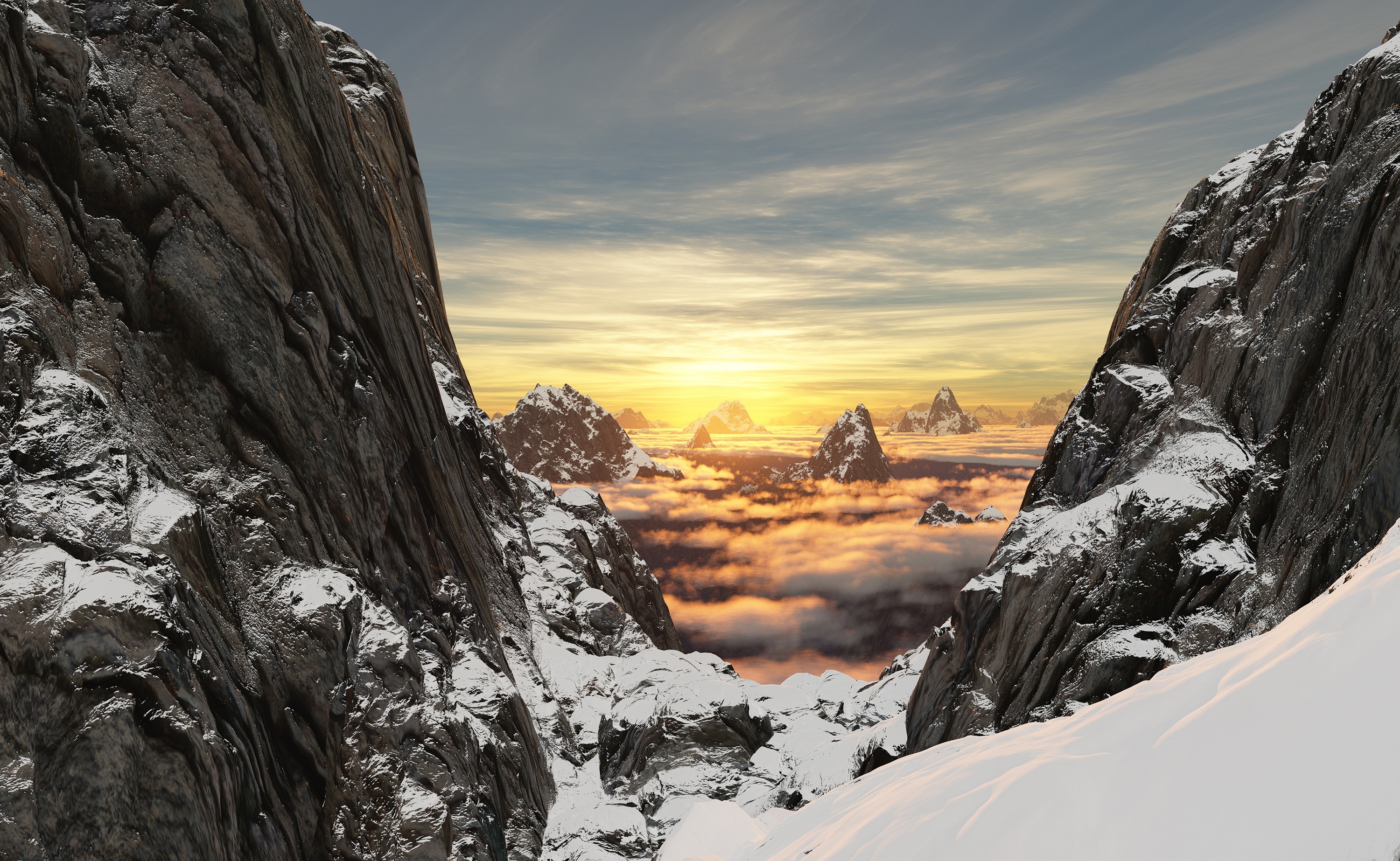 Snow-capped mountains at sunrise over clouds HD Wallpaper