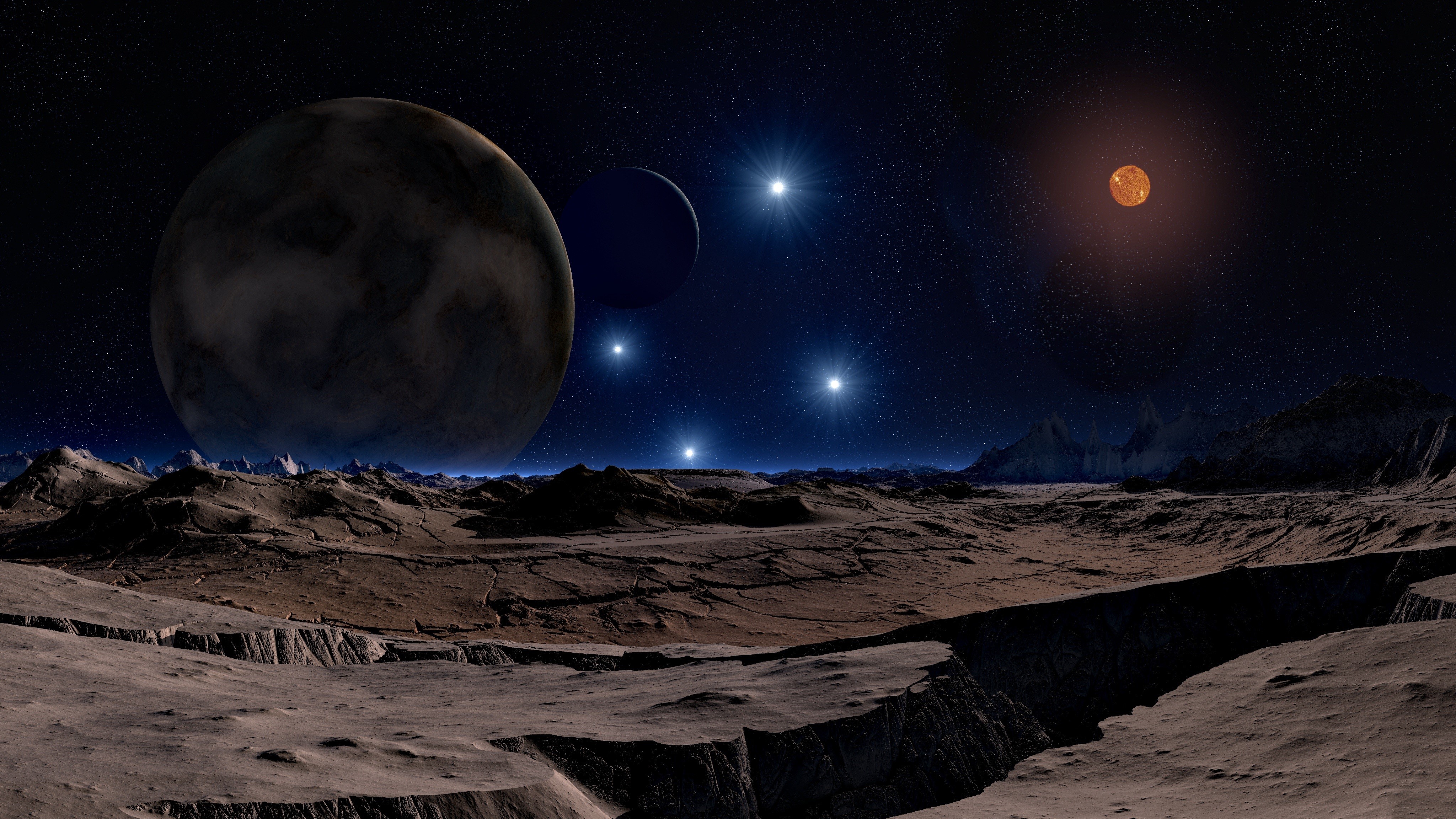 4K Alien Planet Surface with Distant Stars and Moons HD Wallpaper