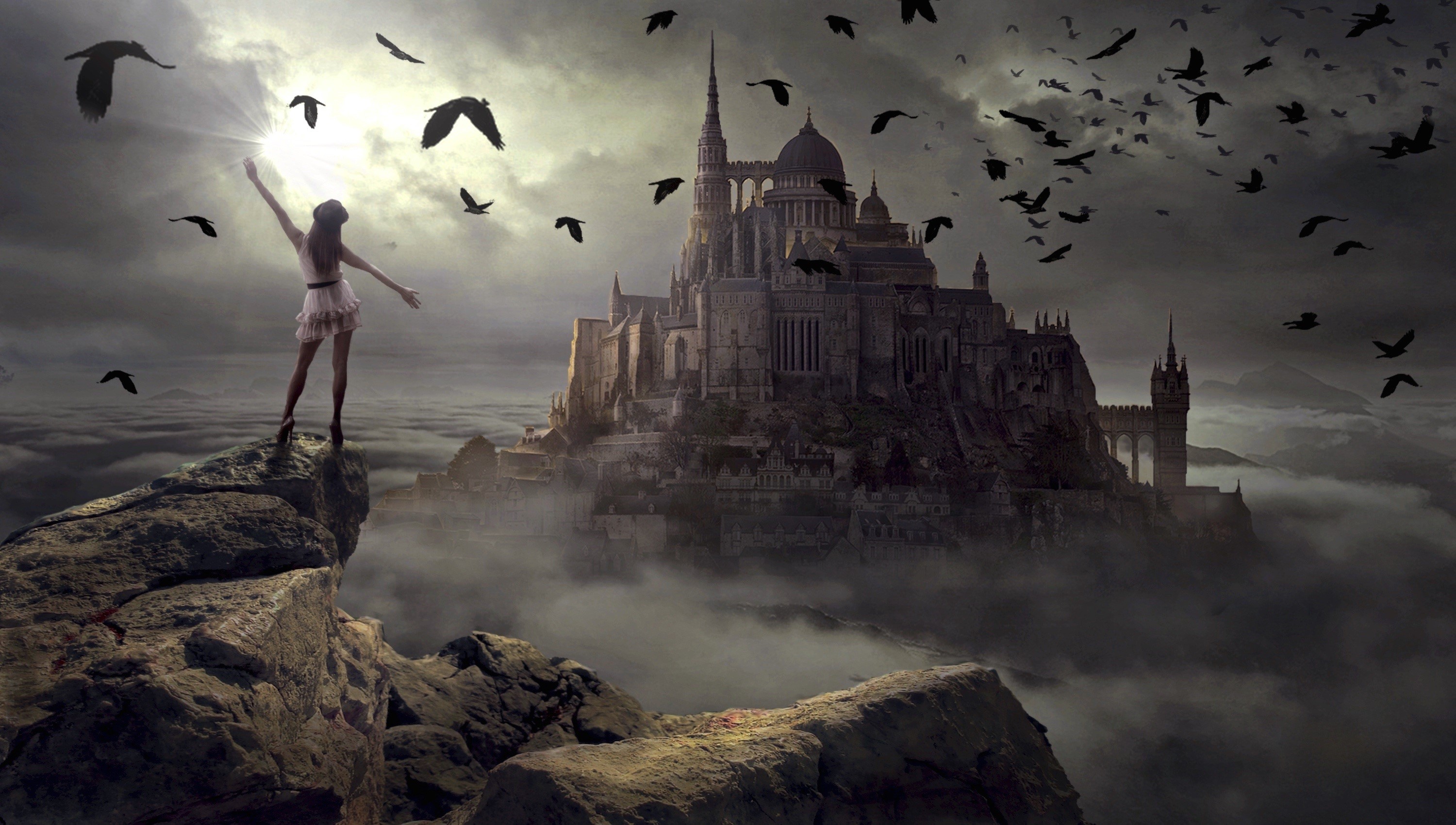 Girl on cliff with castle and birds HD Wallpaper
